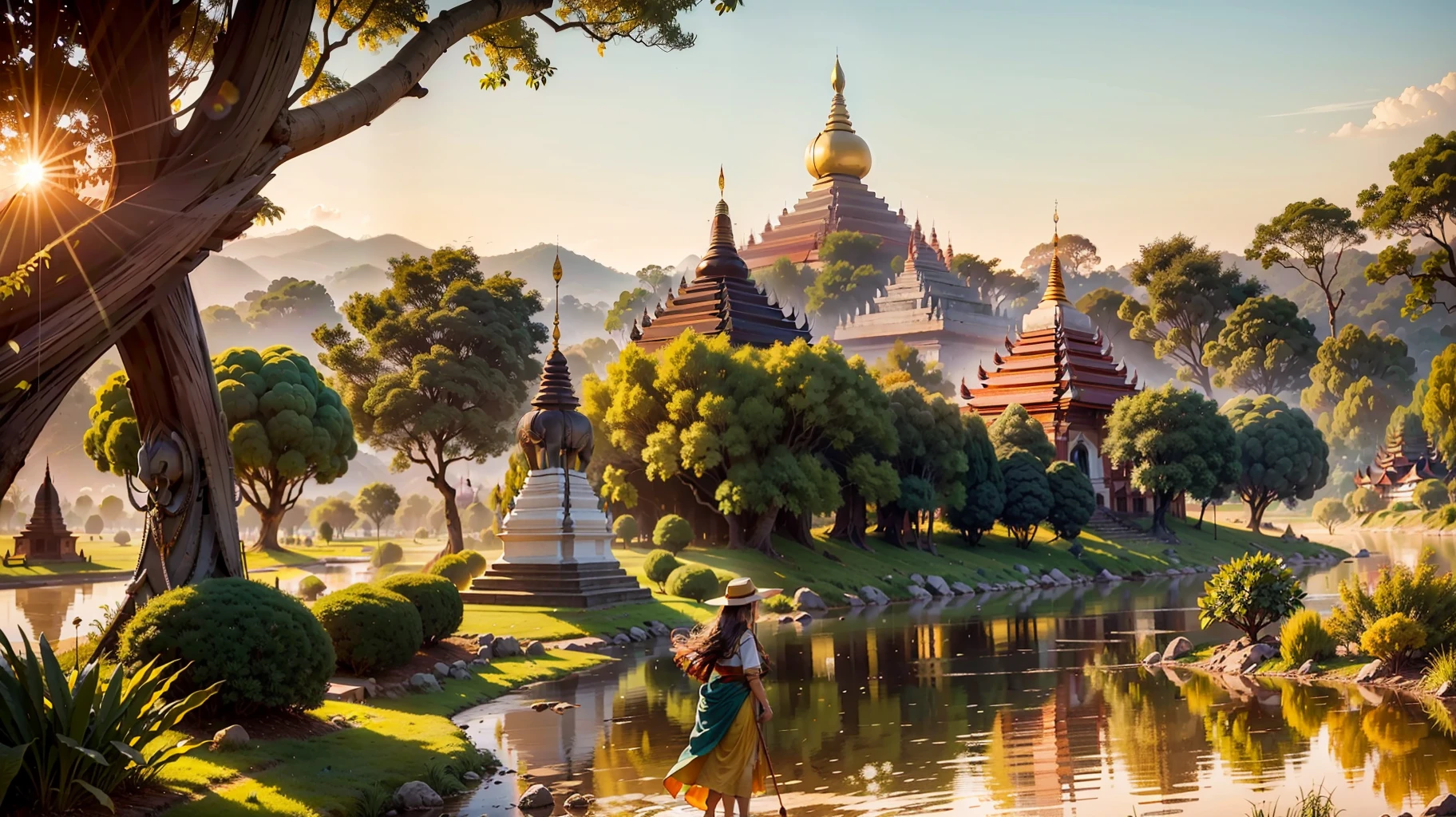 In a picturesque village surrounded by vibrant pagodas, majestic trees, and a serene river, an enchanting scene unfolds. The air is filled with the joyful laughter of children playing in the quaint streets, their innocent spirits intermingling with the timeless beauty of Myanmar's Bagan.Standing tall and emanating a regal aura is the Queen, positioned atop a pagoda, gazing out towards the flowing river as the sun begins its descent. As the sky transforms into a breathtaking masterpiece, hues of blue and orange weave together, casting a mesmerizing glow over the entire landscape.A gentle breeze dances through the Queen's long brown hair, causing it to sway gracefully in tandem with nature. Adorned in a resplendent red cloak, she radiates elegance and power, a true embodiment of her noble status. Resting upon her head rests a golden crown, symbolizing her rightful place as the ruler of this magnificent realm.Amidst this captivating panorama, nature's inhabitants also partake in the tranquility. In the distance, elephants and horses roam freely, their majestic presence further enhancing the grandeur of the scene. They graze upon the lush, green grass, forming a harmonious connection with the land.The pagodas themselves stand as proud guardians of Myanmar's rich history and culture. Elaborate carvings and intricate decorations adorn their surfaces, showcasing the artistic skill and craftsmanship of generations past. These architectural wonders serve as a testament to the legacy left behind by those who revered this land and its traditions.As the sun's final rays cast a warm, golden glow, the Queen breathes in the stillness of this idyllic moment. Surrounded by the beauty of nature and the rich heritage of her people, she feels a profound sense of belonging. In this extraordinary setting, she stands as both a guardian and custodian of the timeless splendor that is Myanmar's Bagan.