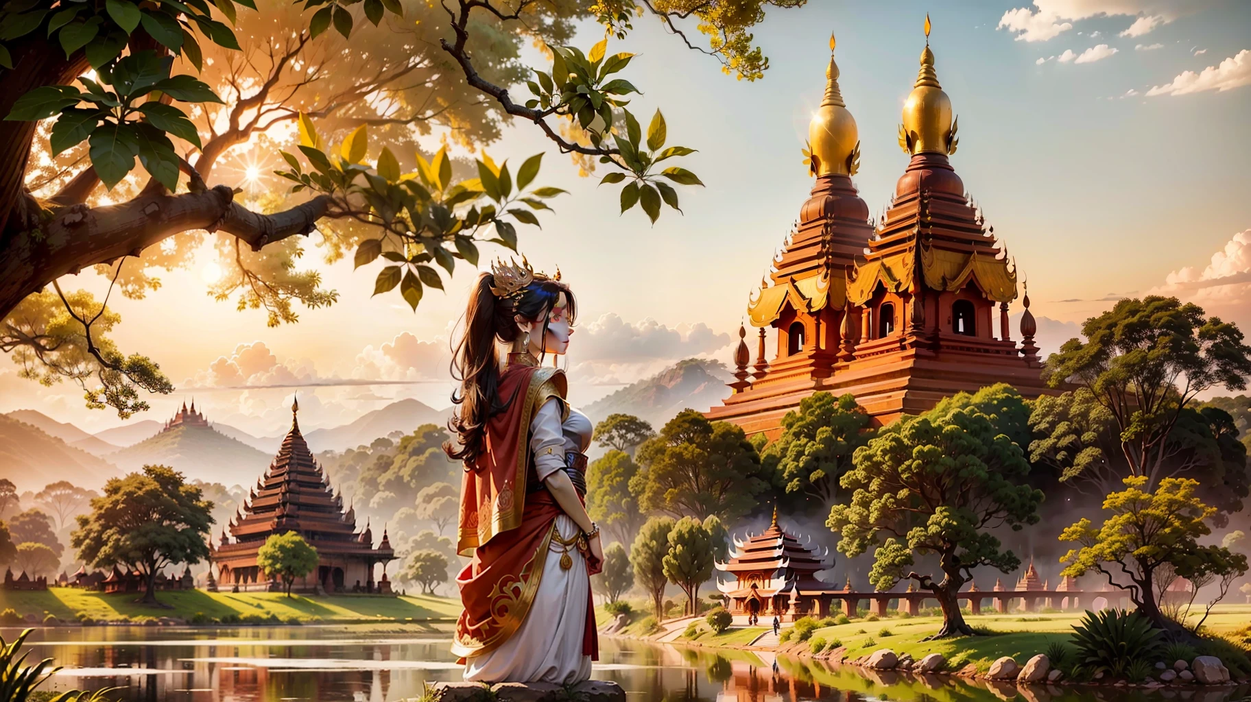 In a picturesque village surrounded by vibrant pagodas, majestic trees, and a serene river, an enchanting scene unfolds. The air is filled with the joyful laughter of children playing in the quaint streets, their innocent spirits intermingling with the timeless beauty of Myanmar's Bagan.Standing tall and emanating a regal aura is the Queen, positioned atop a pagoda, gazing out towards the flowing river as the sun begins its descent. As the sky transforms into a breathtaking masterpiece, hues of blue and orange weave together, casting a mesmerizing glow over the entire landscape.A gentle breeze dances through the Queen's long brown hair, causing it to sway gracefully in tandem with nature. Adorned in a resplendent red cloak, she radiates elegance and power, a true embodiment of her noble status. Resting upon her head rests a golden crown, symbolizing her rightful place as the ruler of this magnificent realm.Amidst this captivating panorama, nature's inhabitants also partake in the tranquility. In the distance, elephants and horses roam freely, their majestic presence further enhancing the grandeur of the scene. They graze upon the lush, green grass, forming a harmonious connection with the land.The pagodas themselves stand as proud guardians of Myanmar's rich history and culture. Elaborate carvings and intricate decorations adorn their surfaces, showcasing the artistic skill and craftsmanship of generations past. These architectural wonders serve as a testament to the legacy left behind by those who revered this land and its traditions.As the sun's final rays cast a warm, golden glow, the Queen breathes in the stillness of this idyllic moment. Surrounded by the beauty of nature and the rich heritage of her people, she feels a profound sense of belonging. In this extraordinary setting, she stands as both a guardian and custodian of the timeless splendor that is Myanmar's Bagan.