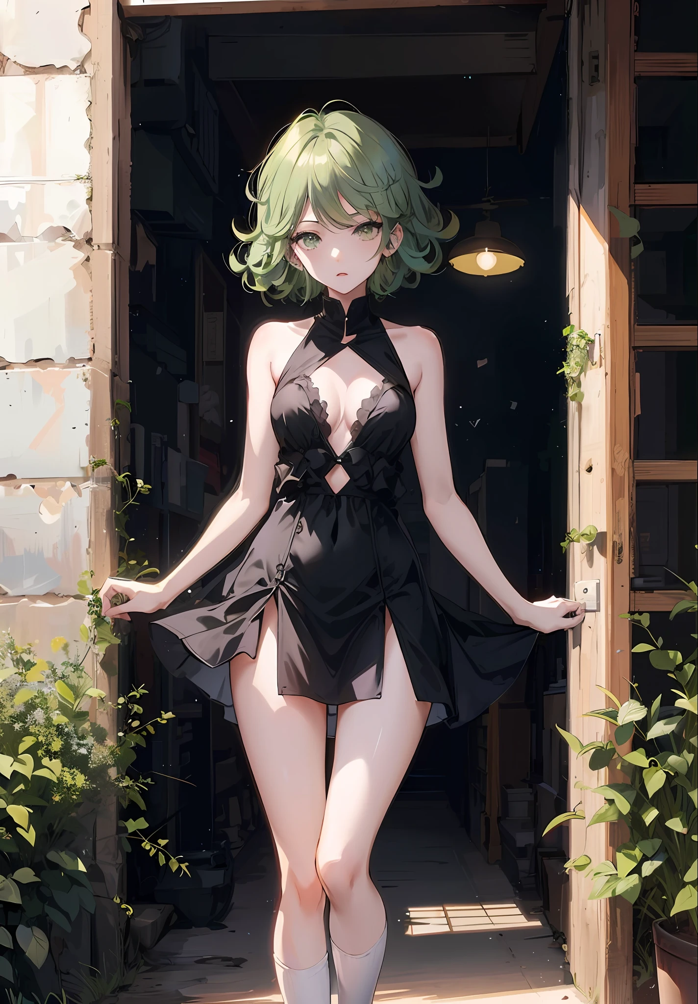 anime girl in black dress standing in doorway of building with green hair, tatsumaki from one punch man, tatsumaki, loli in dress, cute anime waifu in a nice dress, anime girl wearing a black dress, seductive anime girl, guweiz, guweiz on pixiv artstation, tatsumaki with green curly hair