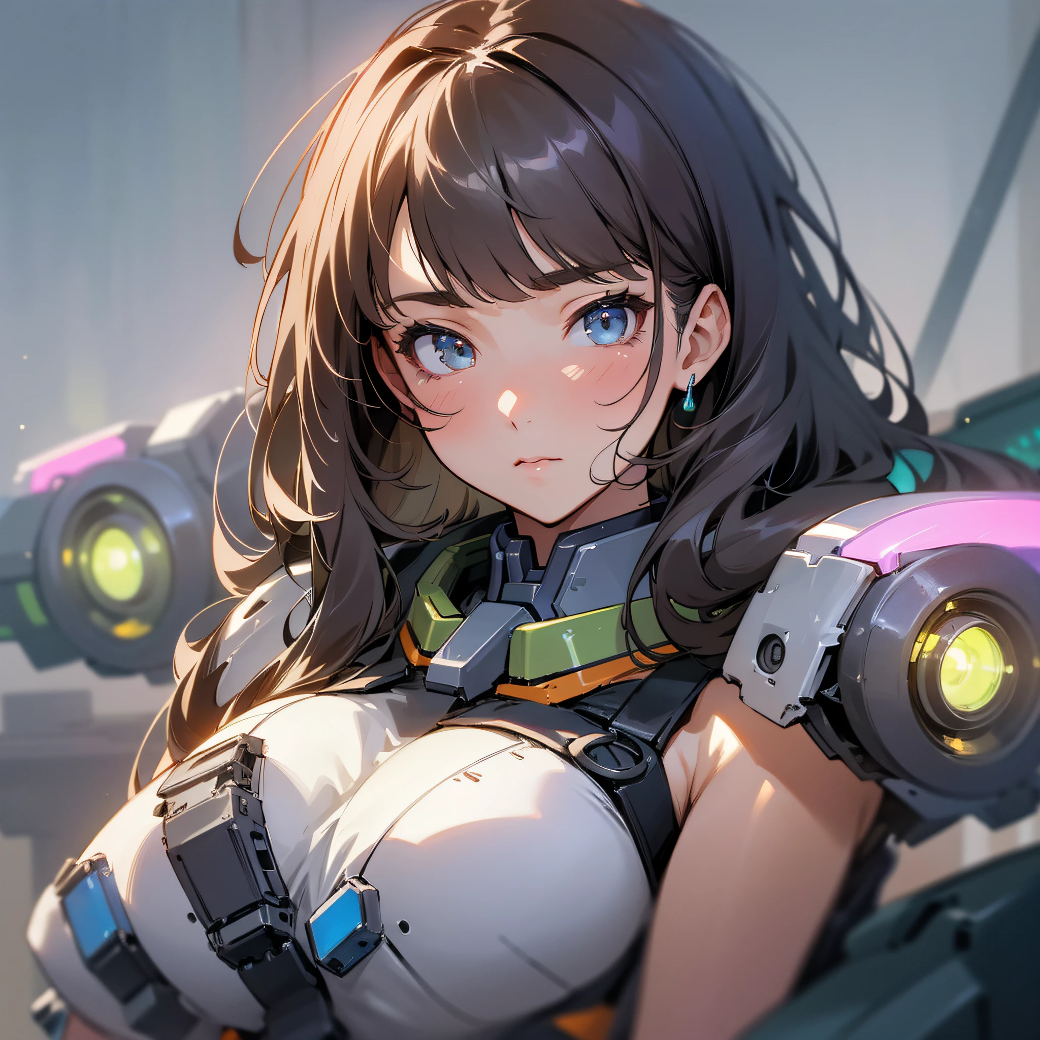 8K HD, best image quality, clear picture, amazing details, beautiful girl and giant mech, girl focus, detailed girly face, girly details amazing, upper body photo, huge mech background, blurred mech, optimized depth of field to make the picture more realistic. --auto --s2