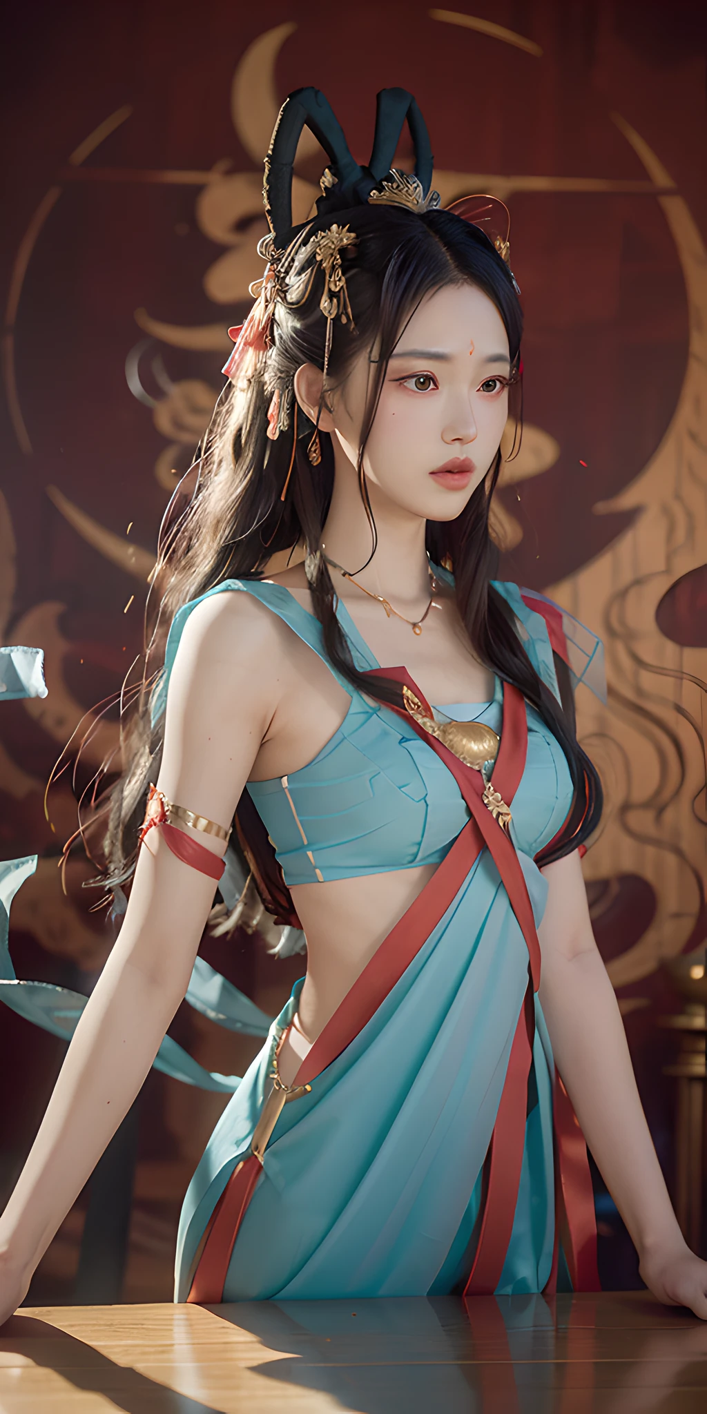 1girl, Dunhuang flying costume, messy long hair, zydG, Dunhuang style, a lot of smoke, superb, elegant colors, red ribbon, realistic, high detail, masterpiece, super detail, dynamic angle, mural background, ink, amazing, movie lighting, illustration, chiaroscuro, backlight, god light, best quality, best quality, anatomically correct, surrealism, drop shadow, anaglyph, stereogram, tachi-e, pov, atmospheric perspective, 8k, super detail, ccurate, best quality, anatomically correct, high details, best quality, high quality, highres