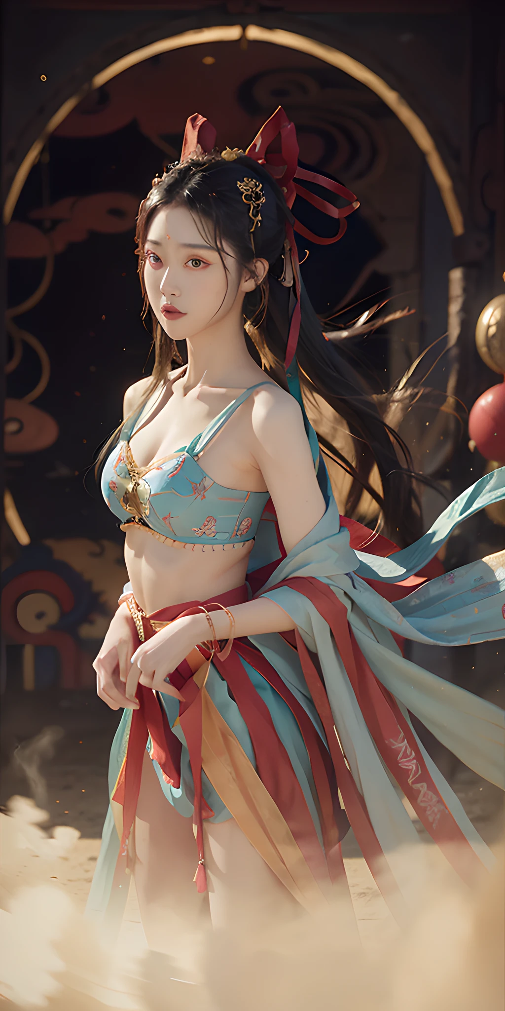 1girl, Dunhuang flying costume, messy long hair, zydG, Dunhuang style, a lot of smoke, superb, elegant colors, red ribbon, realistic, high detail, masterpiece, super detail, dynamic angle, mural background, ink, amazing, movie lighting, illustration, chiaroscuro, backlight, god light, best quality, best quality, anatomically correct, surrealism, drop shadow, anaglyph, stereogram, tachi-e, pov, atmospheric perspective, 8k, super detail, ccurate, best quality, anatomically correct, high details, best quality, high quality, highres
