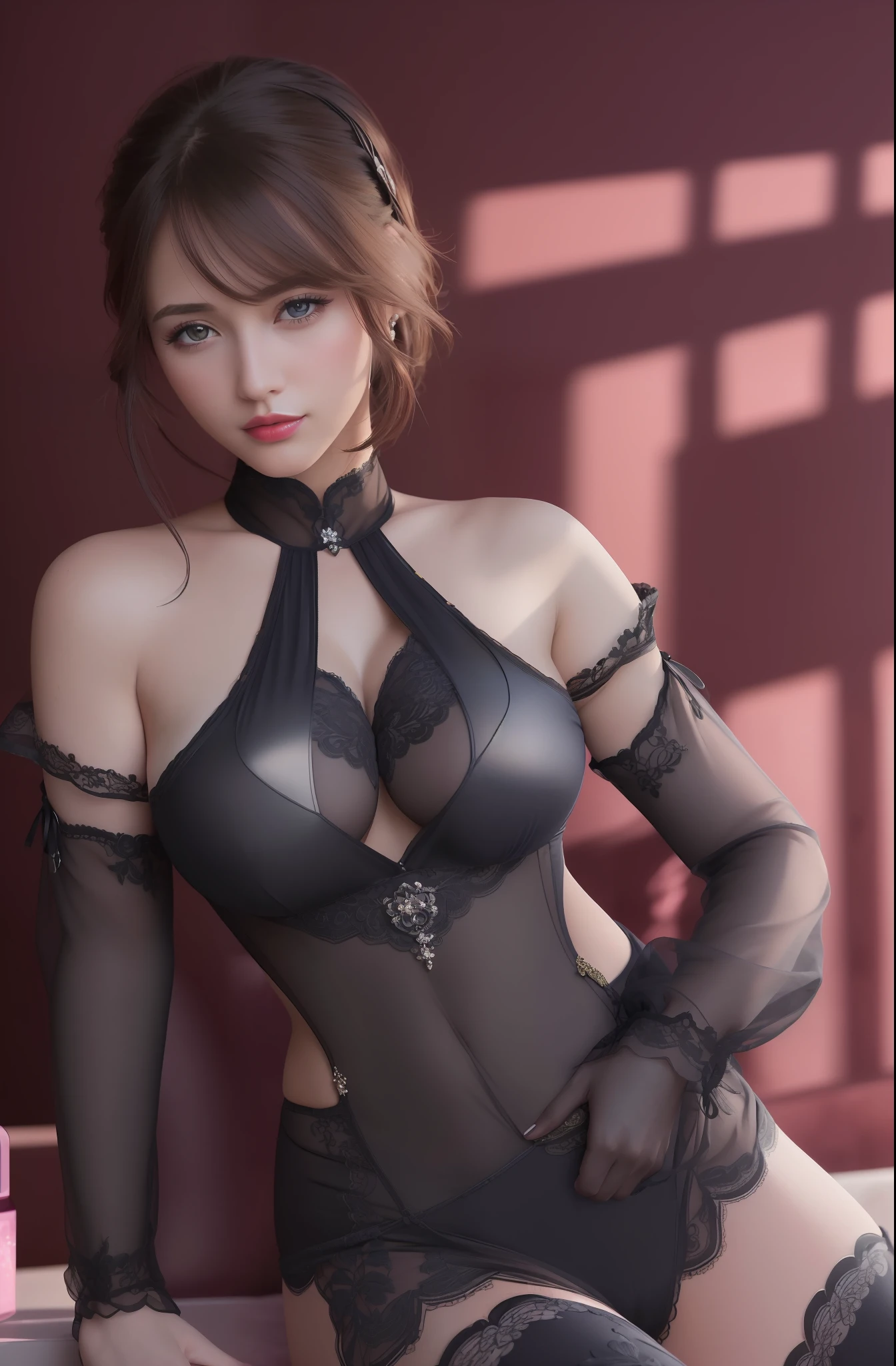 (masterpiece, best quality, extremely detailed 8k, ultra hd, ultra-detailed, highly detailed, highly realistic, ultra-realistic, photo realistic), (1girl:1.5), (detailed realistic skin), (realistic big breasts), (pink lipstick)
