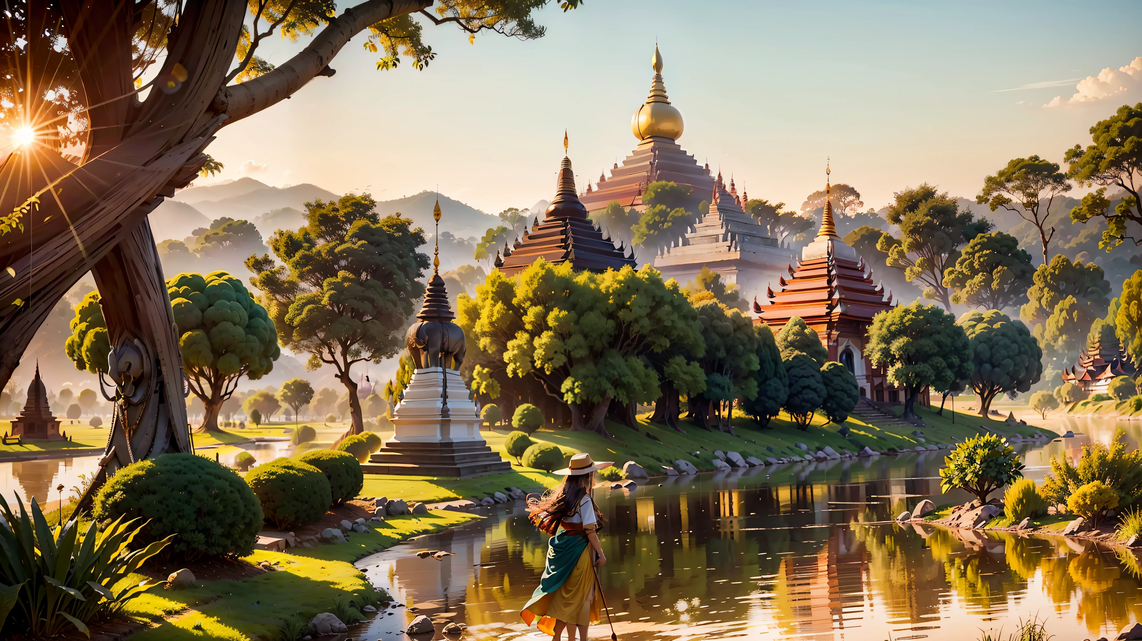In a picturesque village surrounded by vibrant pagodas, majestic trees, and a serene river, an enchanting scene unfolds. The air is filled with the joyful laughter of children playing in the quaint streets, their innocent spirits intermingling with the timeless beauty of Myanmar's Bagan.Standing tall and emanating a regal aura is the Queen, positioned atop a pagoda, gazing out towards the flowing river as the sun begins its descent. As the sky transforms into a breathtaking masterpiece, hues of blue and orange weave together, casting a mesmerizing glow over the entire landscape.A gentle breeze dances through the Queen's long brown hair, causing it to sway gracefully in tandem with nature. Adorned in a resplendent red cloak, she radiates elegance and power, a true embodiment of her noble status. Resting upon her head rests a golden crown, symbolizing her rightful place as the ruler of this magnificent realm.Amidst this captivating panorama, nature's inhabitants also partake in the tranquility. In the distance, elephants and horses roam freely, their majestic presence further enhancing the grandeur of the scene. They graze upon the lush, green grass, forming a harmonious connection with the land.The pagodas themselves stand as proud guardians of Myanmar's rich history and culture. Elaborate carvings and intricate decorations adorn their surfaces, showcasing the artistic skill and craftsmanship of generations past. These architectural wonders serve as a testament to the legacy left behind by those who revered this land and its traditions.As the sun's final rays cast a warm, golden glow, the Queen breathes in the stillness of this idyllic moment. Surrounded by the beauty of nature and the rich heritage of her people, she feels a profound sense of belonging. In this extraordinary setting, she stands as both a guardian and custodian of the timeless splendor that is Myanmar's Bagan.