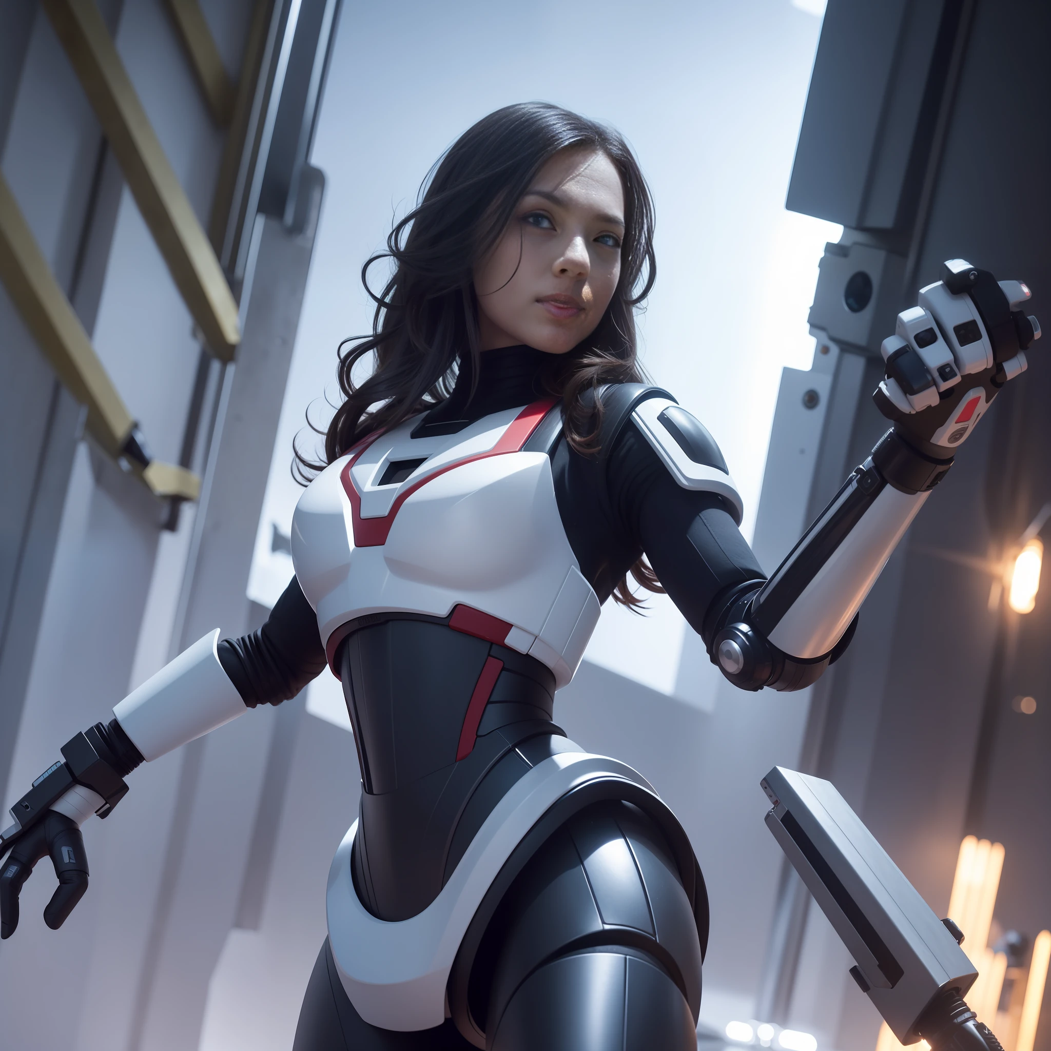 " Mila type, perfect face. Expression on his face. robot arm with more than a meter, epic action scene, stunning Full HD and 8K quality, movie visuals, exaggerated and voracious expression on the face, warm smile, lots of adrenaline."