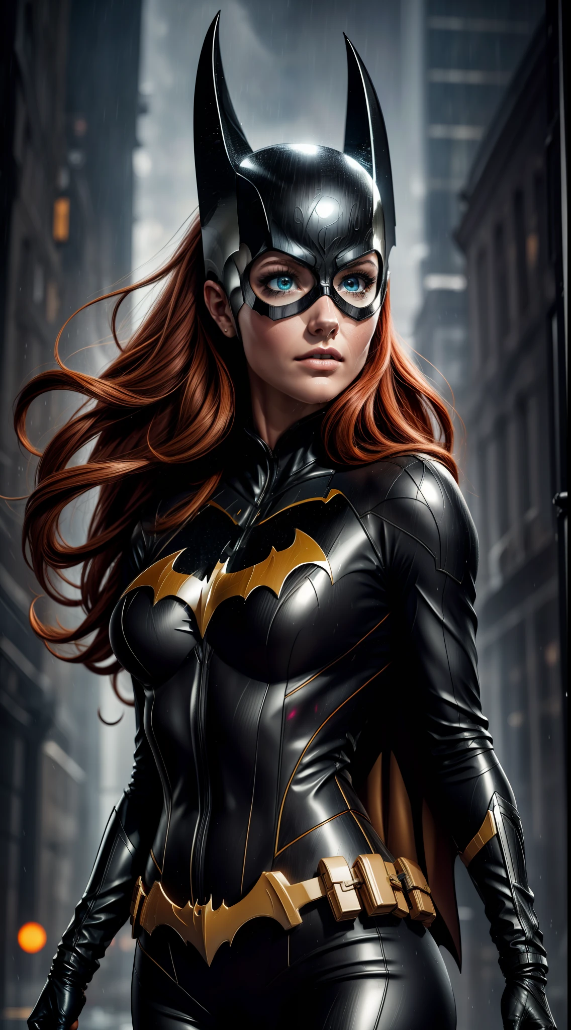 barbara gordon, anime, beauty, Batgirl clothes, Batgirl cosplay, wind effect, full body photo, prominent figure, standing on the edge of a skyscraper, night, photo (Masterpiece) (Best quality) (Detail) (8K) (HD) (Wallpaper) (Cinematic lighting) (Sharp focus) (Intricate), sexy, rain, wet, rays, best quality, ultra high resolution, photorealistic, full body portrait, incredibly beautiful,  dynamic poses, detailed skin texture, highly detailed skin, detailed face,