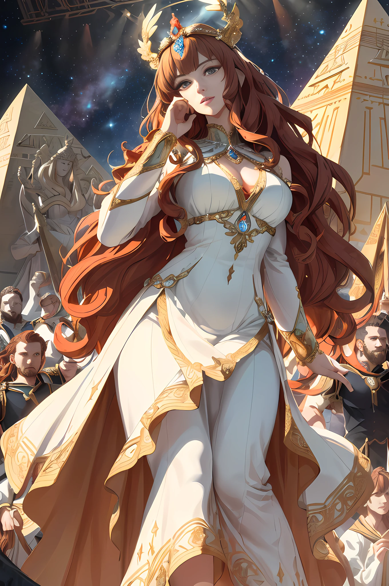 (absurdres, highres, ultra detailed), extremely detailed CG unity 8k wallpaper, intricate details, full body, wide angle, ((Mythology)), 1woman, ((1woman is mature female, goddess, beautiful perfect goddess face, slender, wavy long hair, auburn hair, coral eyes, bangs, long sleeves, finely detailed eyes and detailed face)), detailed background, detailed face, (mythology theme:1.1), dynamic pose, mythology white dress, (The Goddess stands on stage with the lots of men holding her up in a pyramid shape.
The whole audience looks at her queen with reverence, and cheers resound around her., mythology background:1.3),