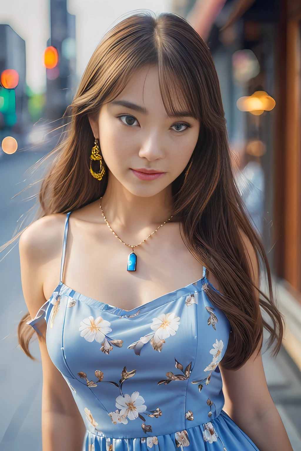 (Midnight, Best Quality, 8k, Masterpiece: 1.3)), Focus: 1.2, Perfect Shape, Pretty Women: 1.4, ((Brown Hair, Big: 1.5)), (See-Through Dress with Floral Pattern: 1.4, Camisole Dress: 1.5, Standing: 1.2), (Night City View, Rooftop: 1.3)), Highly Detailed Face and Skin Texture, Detailed Eyes, Double Eyelids, Blue eyes, night view, gas lamp light, Alone: 1.3, Necklace with oversized earrings, Alone, focus on chest, (Lech forward: 1.3),(Best quality, 8k, 32k, masterpiece, UHD: 1.2), cute Japan woman photo, ((Woman posing with long light brown hair and blue eyes, love beauty, perfect face with realistic shading, realistic painting, precisionism, cowboy shot photo)) , light smile, arms behind head, gorgeous necklaces and earrings, beautiful breasts, slouching angle from below (focus on lower chest), camera zooms in on chest --auto --s2