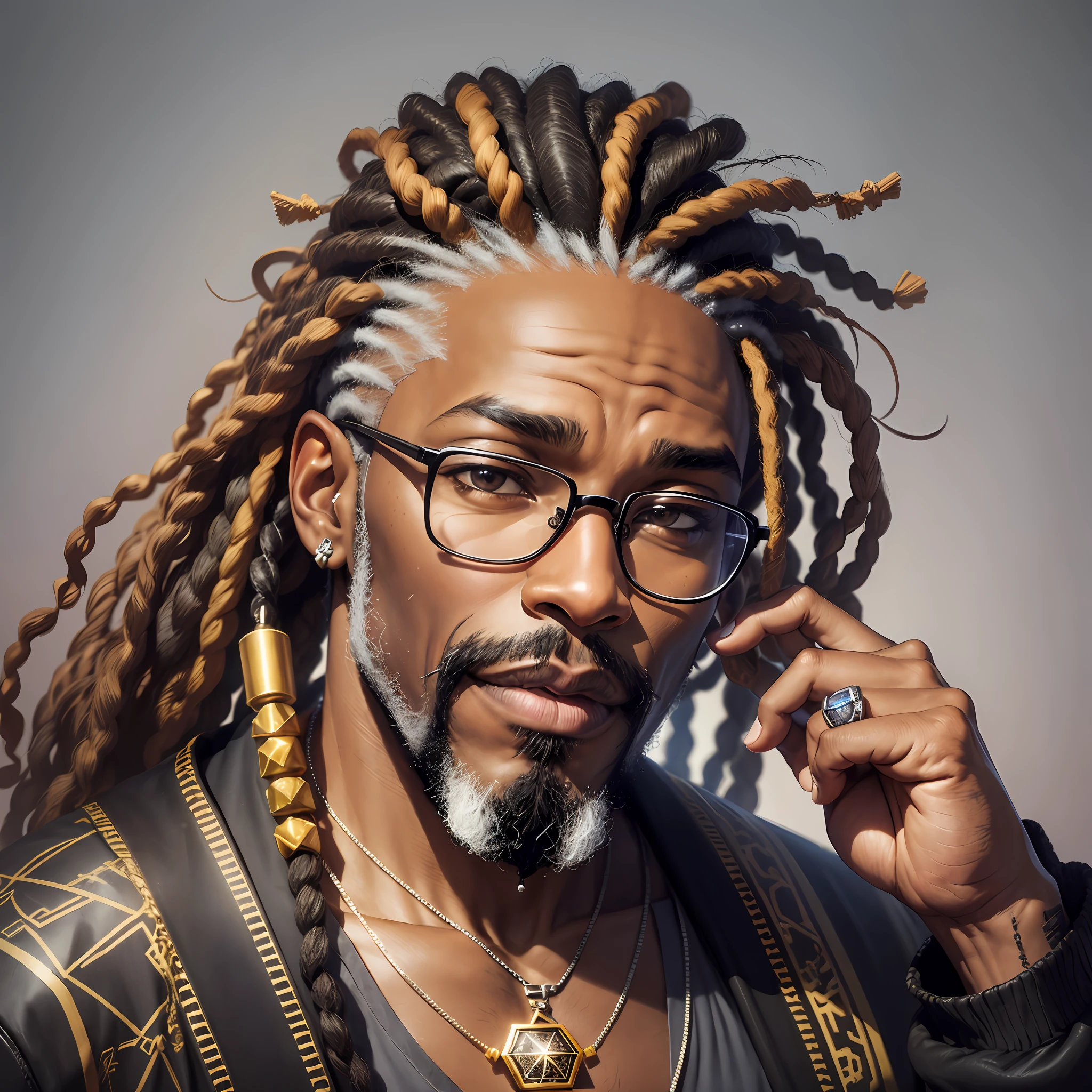 a black man in a dread and in rapper clothes looking forward with glasses, goatee and gray beard, and a hexagram pendant --auto --s2