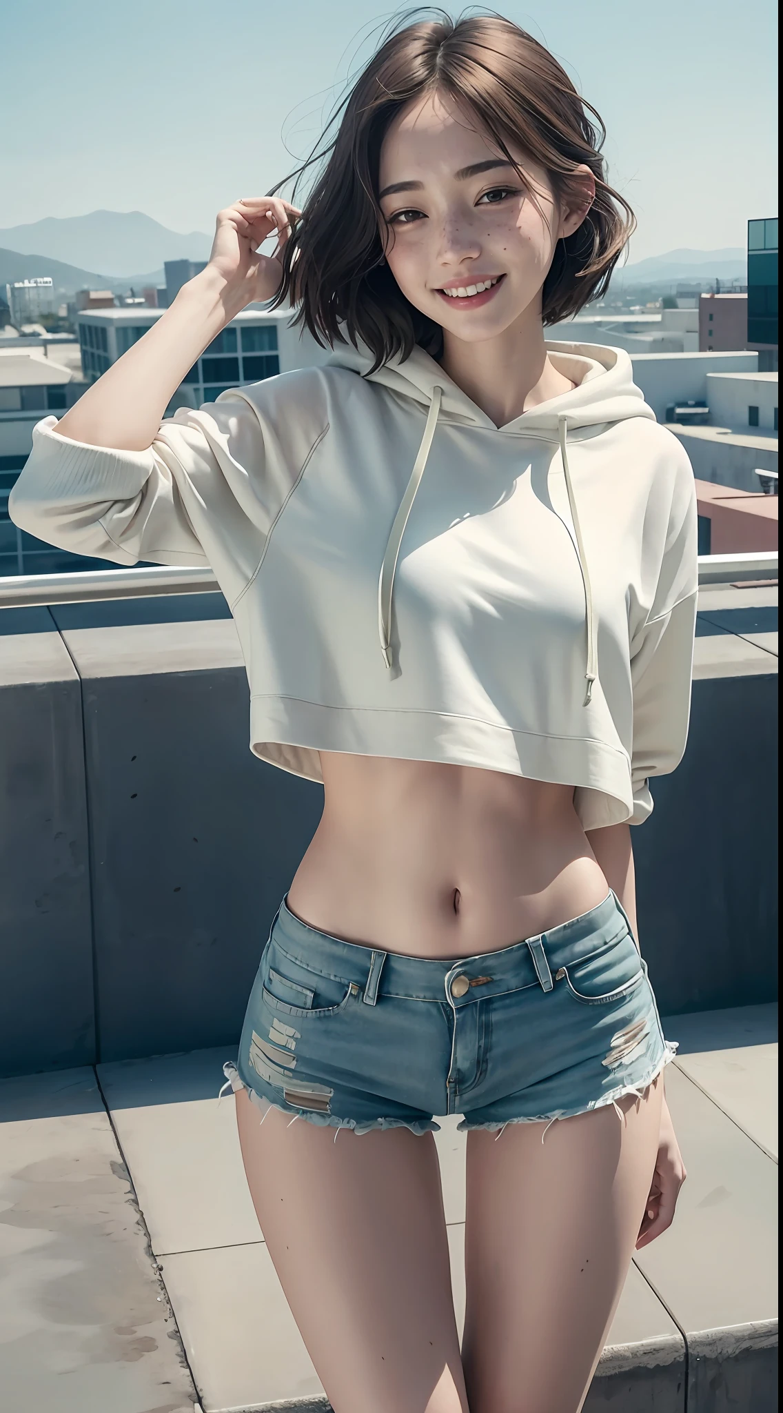 Raw photo, candid, textured skin, dynamic pose, 1girl, slender body, pale skin, Korean, freckles, smiling, oversized hoodie, satin shorts, thick thighs:1, (wide thigh gap:1.2), rooftop, photorealistic, best quality, 8k, masterpiece