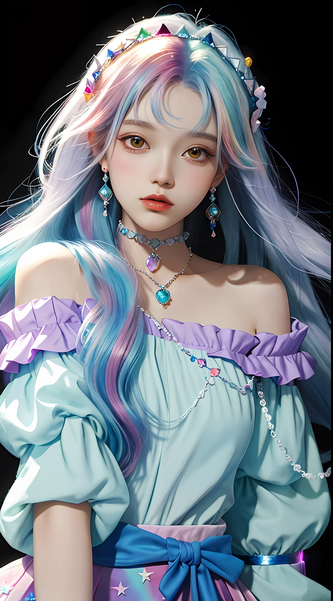 18 years old, incomparable white face, close-up of a woman, black background, hanging with colorful jewelry, off-the-shoulder clothes, colorful, fantasy art style, colorful pastel, beautiful colorful hair, cute colorful cute, anime style. 8k, beautiful and colorful, anime girl with cosmic hair, inspired by Seihiko-kun, colorful aesthetics, colorful dreams, colorful, ((beautiful fantasy queen))