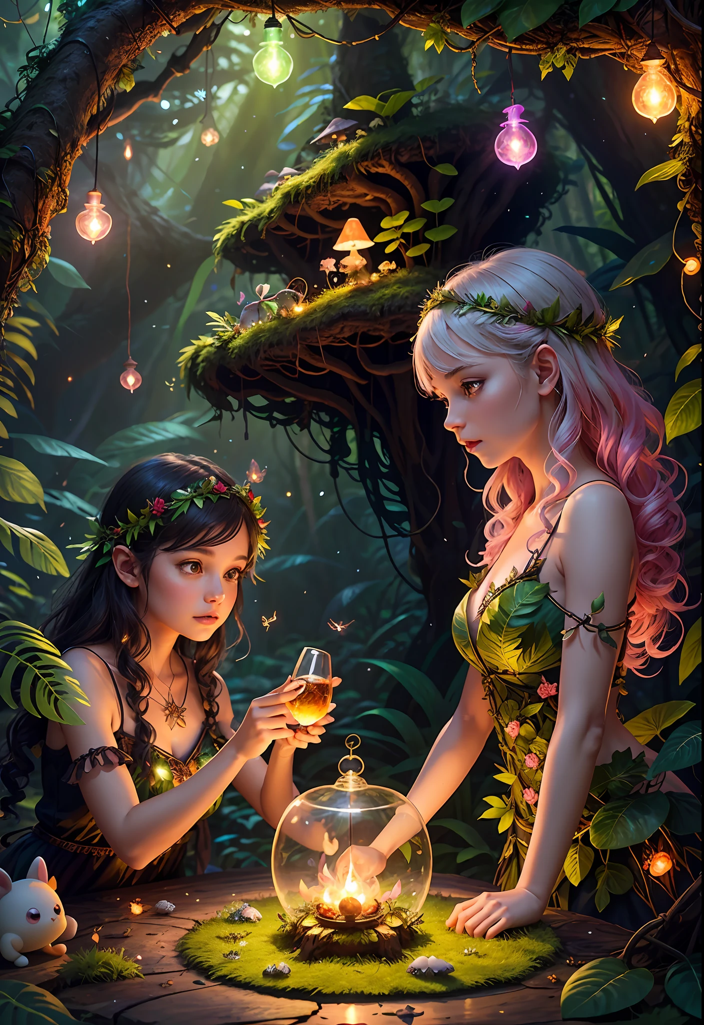 Fantasy in a glass, "Ethereal roses, cute slime animals, glowing little mushrooms surrounded by delicate leaves and branches, and fireflies and glowing particle effects, girl", (natural elements), (jungle theme), (leaves), (branches), (fireflies), butterflies, (delicate leaves), (glow), (particle effects), super realistic, super detailed, dramatic lightning, 4k, masterpiece,
