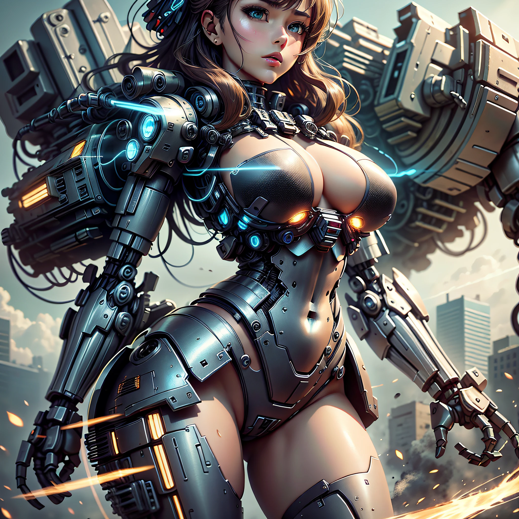 8K HD, best quality, clear picture, amazing details, beautiful girl and giant mech, girl focus, detailed girl face, girl details amazing, huge mech background, blurred mecha, optimized depth of field to make the picture more realistic. --auto --s2