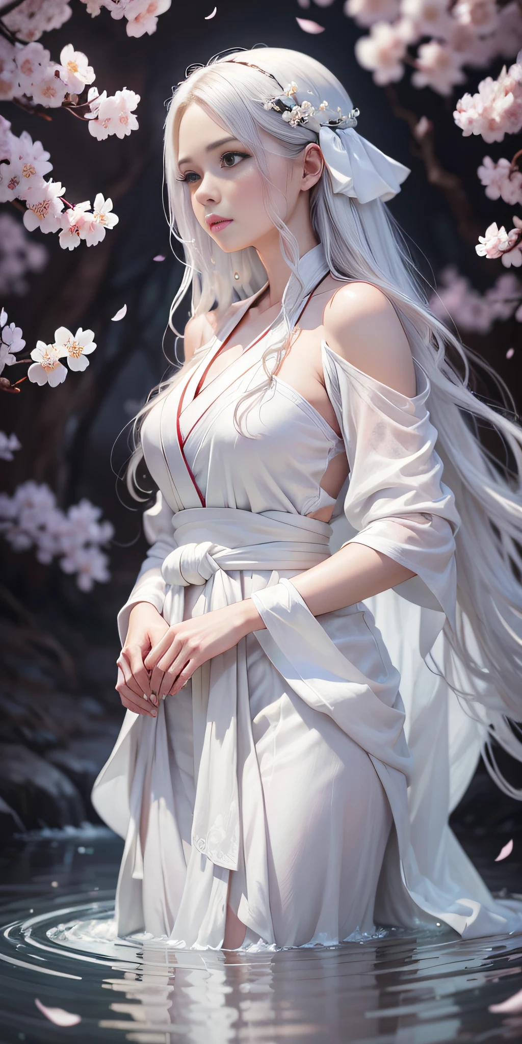 Alawi woman in white dress standing in stream, hyperrealistic style, realistic comic book style, flickr, romanticism, white hanfu, flowing white robe, flowing white robe, hanfu, flowing cherry blossom silk, flowing magic robe, wearing flowing robe, long beautiful flowing kimono --aspect 3:4 --aspect 3:4 --aspect 3:4 --auto --s2