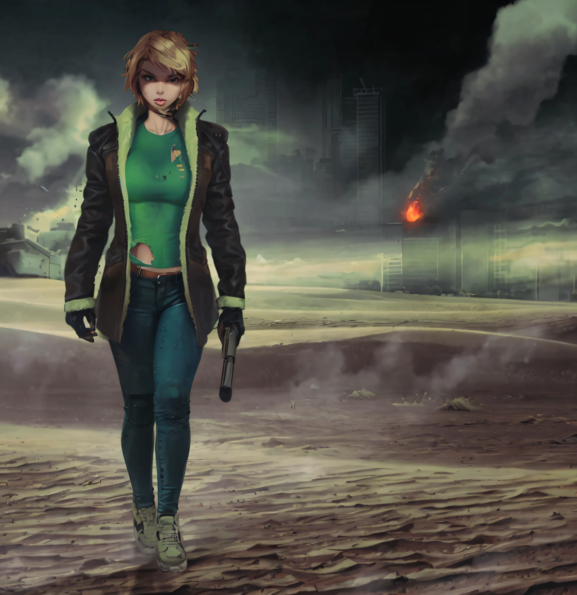 There is a woman walking in the desert with a gun, standing in a wasteland, in a post-apocalyptic wasteland, in a post-apocalyptic setting, stylized urban fantasy artwork, avant-garde adventure science fiction, empty and desolate wasteland, leather coat, blond hair, big breasts, big hips, green eyes, gloved hands, well-made hands,  green shirt, torn shirt, short hair, beautiful, sexy, high quality, not blurred, eyes well made, face well made, sexy lips