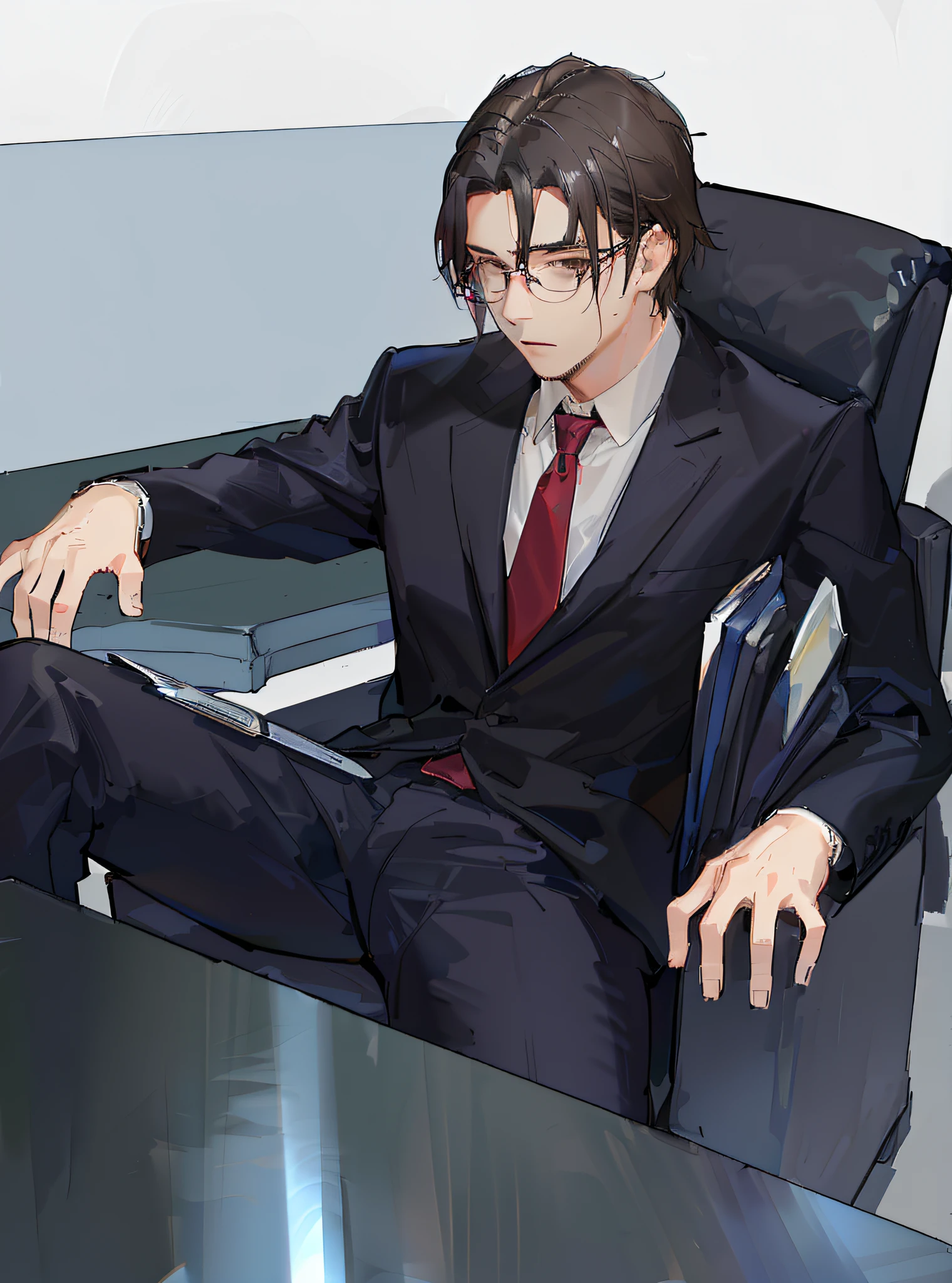 The clothes have rich details, the suit is correctly shaped, the smooth lines, the correct light and shadow, the colors are rich, the chiaroscuro contrasts, the hands are placed on the plastic table, the glass of red wine on the table, the hands are rich in light and dark details