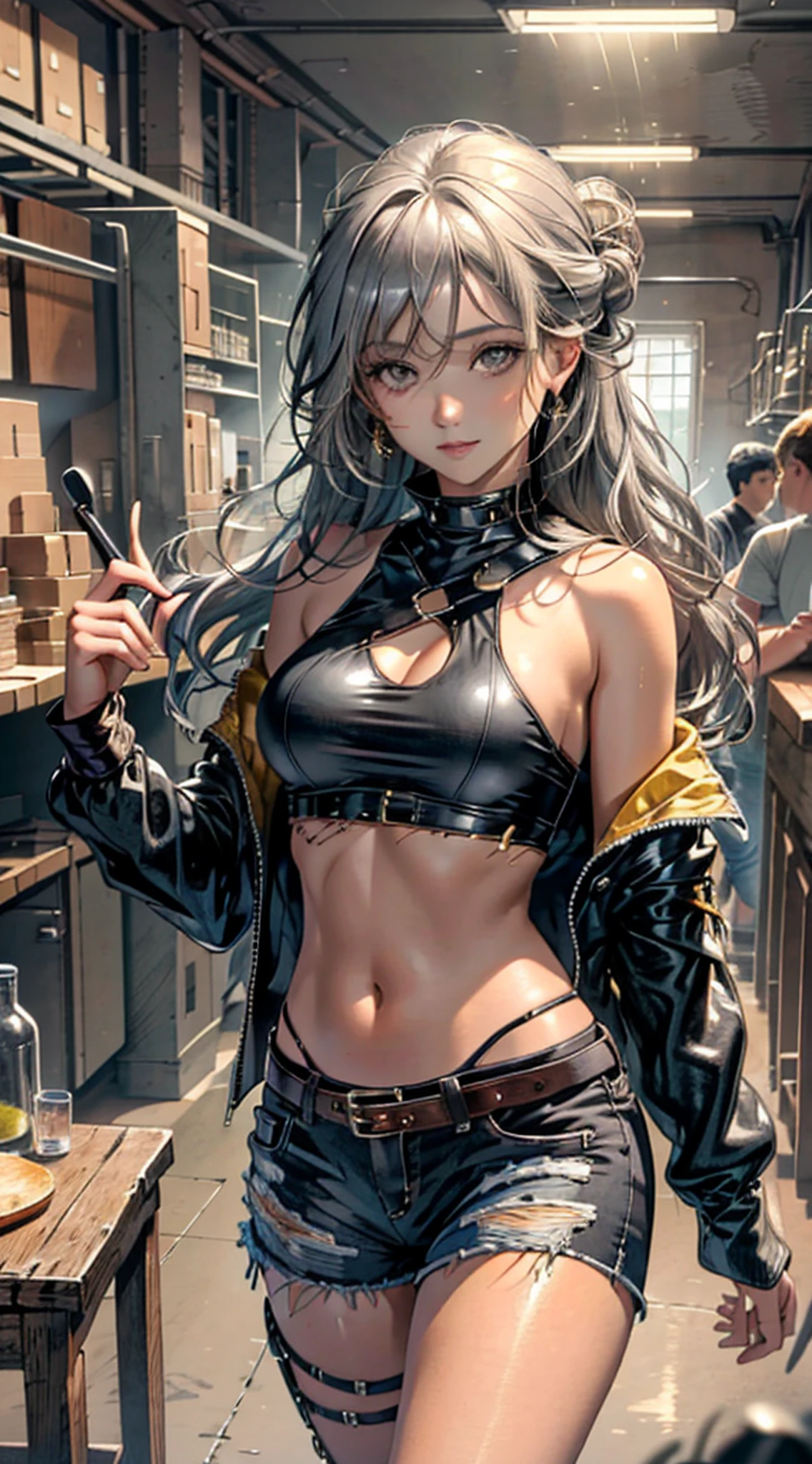 (Masterpiece, Best Quality, Detail Shiny Skin: 1.2), Flawless, 8k, RAW, High Resolution, Upper Body, 1 Girl, Realistic Textures, Torn Clothes, Ragged Clothes, Ultra Shorts, Soft and Saggy Breasts, Bare Shoulders, Belly Button, Areola, Gray Hair, Long Hair, Straight Hair, Wavy Updo, Olive Skin, High Quality Face, Narrow Space, Dungeon, Chair,