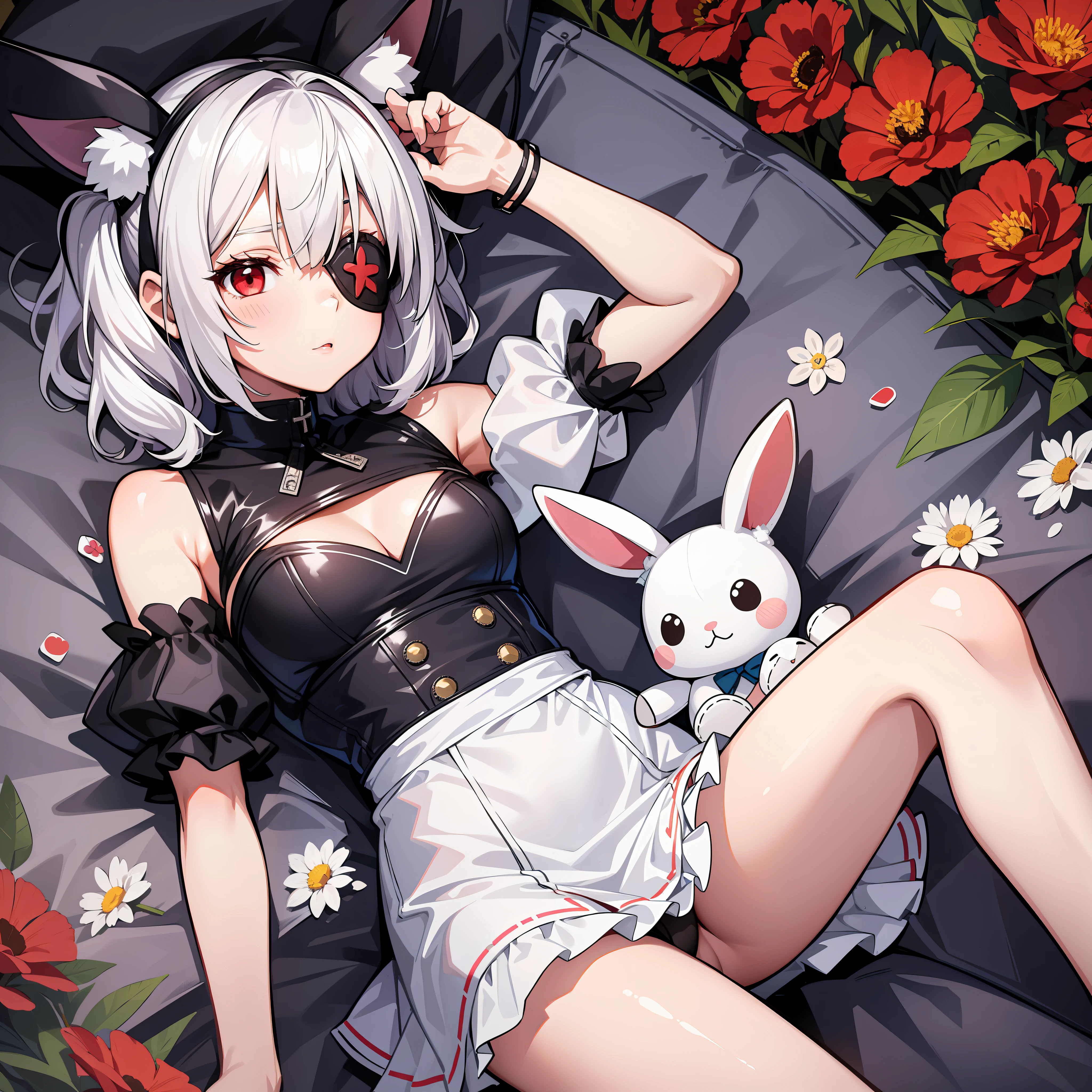 One girl, wearing one white eyepatch, holding a stuffed bunny, short white hair in two pigtails l, With a Hood, bunny ear accessories, Wearing a white short dress, red eyes, Lying in a pile of flowers