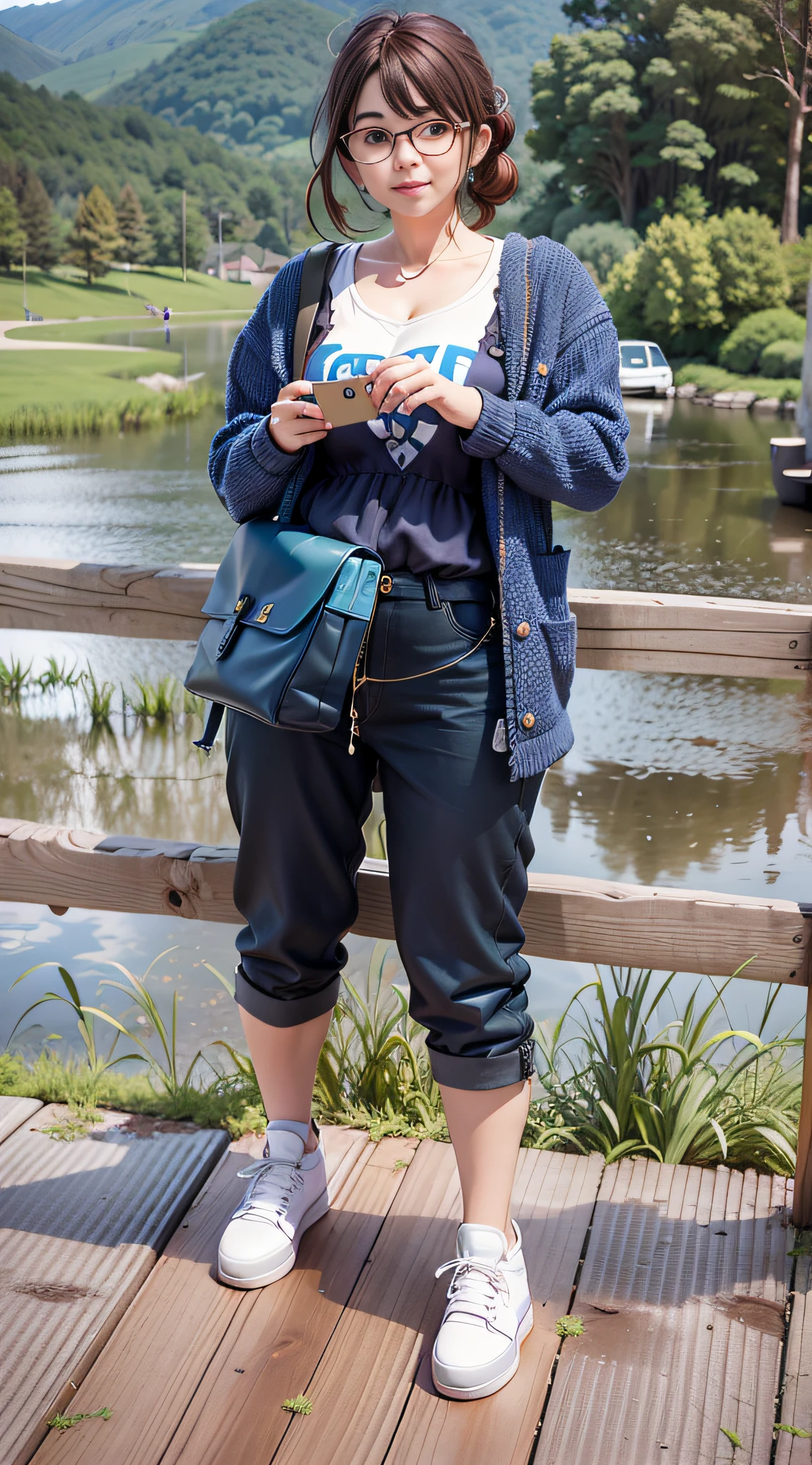 (Masterpiece), (High quality), best Quality, Authentic, (realistic), Super detailed, (Full detail), (4k), 8k, (A woman holding a phone on a bridge, light blue shirt: 1.5), full body lens, photo taken on a Nikon D3200, perfect detail, wide Angle photo. Carries a saddle bag, a wide Angle full lens, Global lighting, Movie light effects, Ray tracing, background blur, Pixar style, with two front bags. Digital SLR camera img_4016, panoramic scenery.