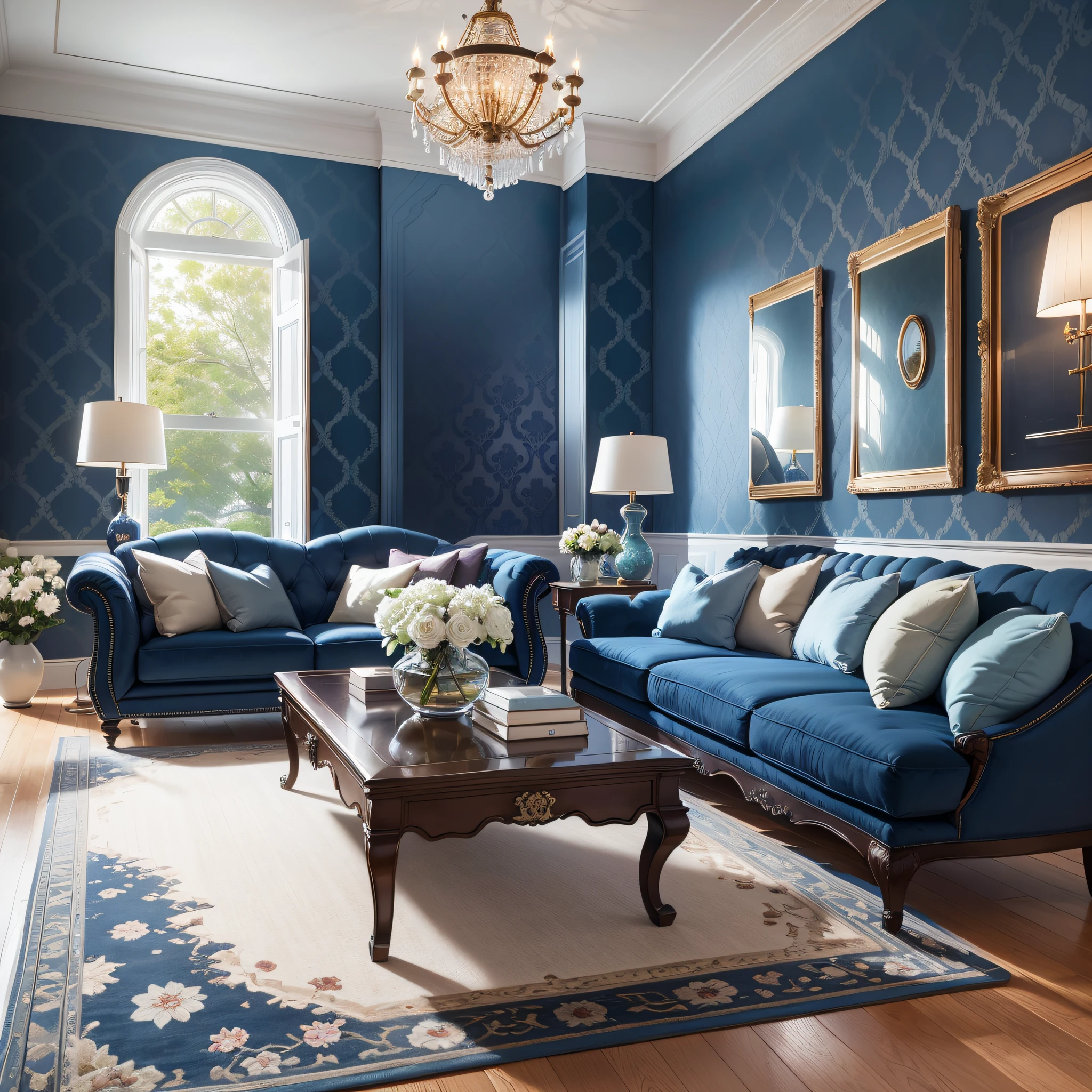 American-style decorated room, navy blue wallpaper, 5 oil painting picture frames on the wall, European sofa, floor lamp, and floor-to-ceiling flower arrangement porcelain vase, floor-to-ceiling windows with the sea --auto --s2