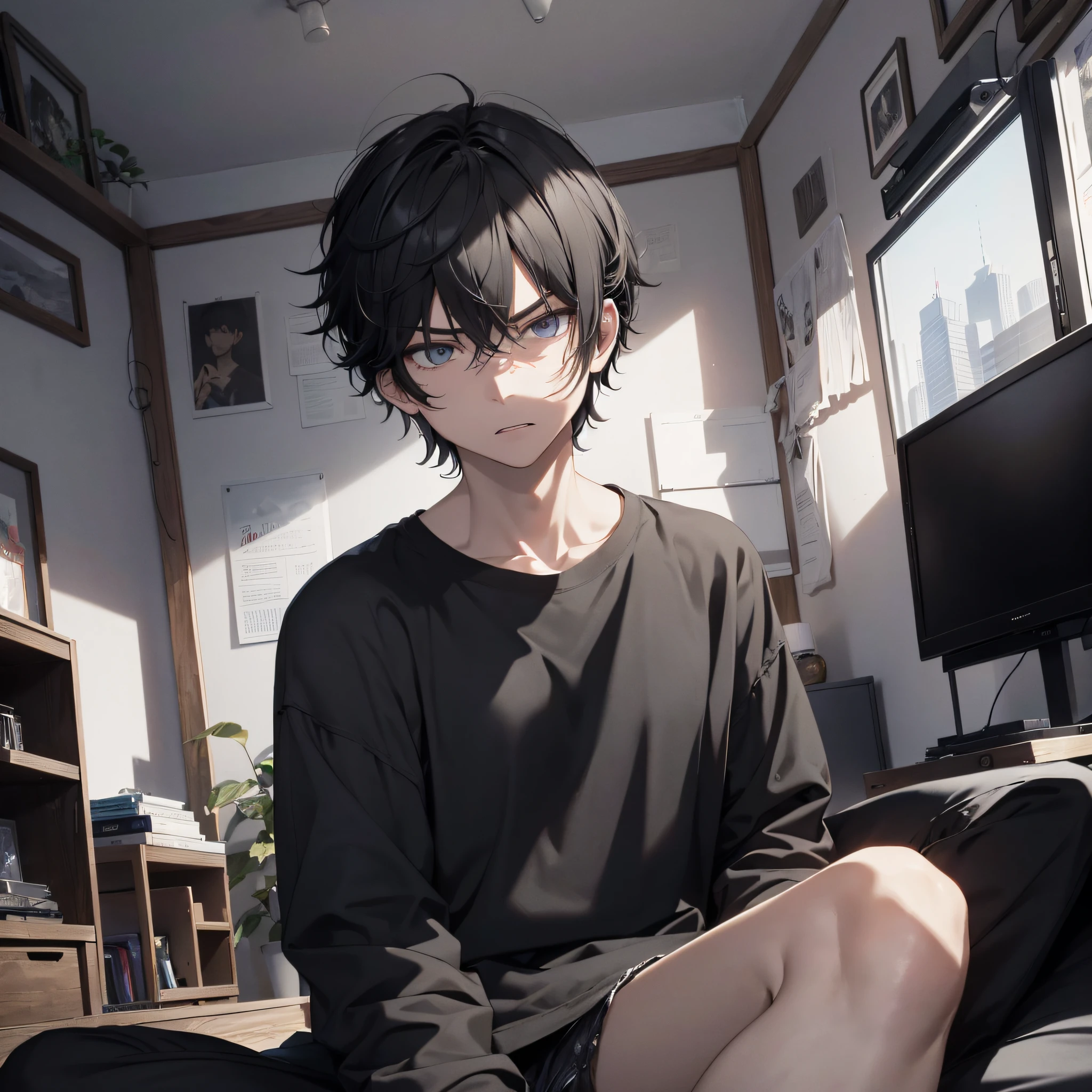 Absurd resolution, high resolution, (masterpiece: 1.4), hyperdetail, young man messy short black hair, black casual clothes, eerie room, lying on the sofa, watching TV (1.3), angry expression