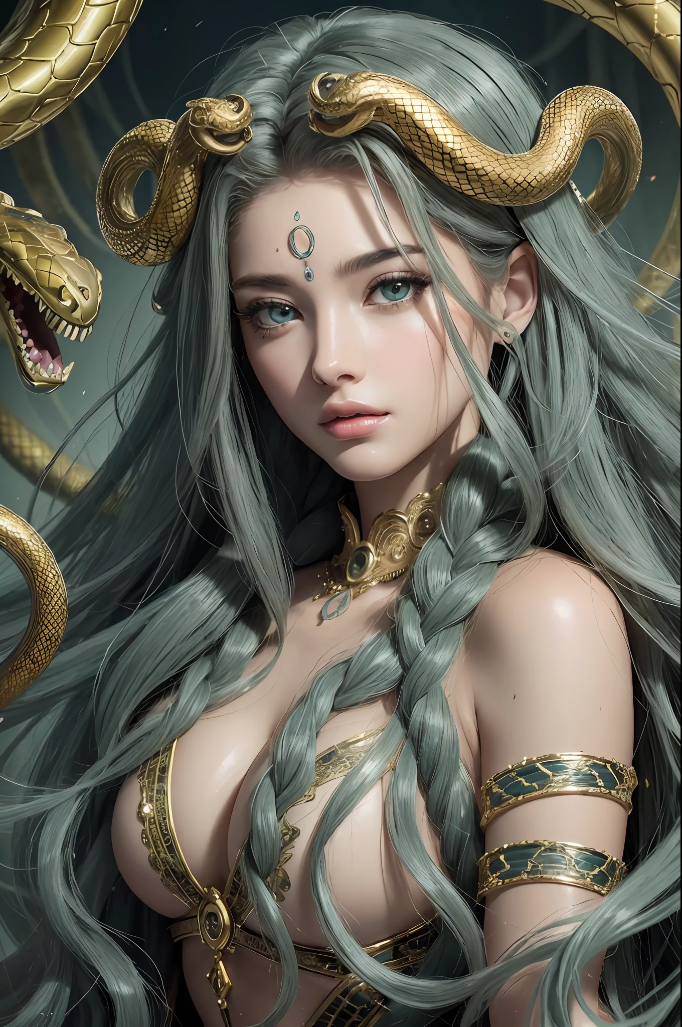 Absurd, ultra-detailed, high quality, detailed face, beautiful eyes, Medusa, the hair is composed of countless small snakes, the Gorgon, possesses a complex mix of beauty and terror, mesmerizing gaze,