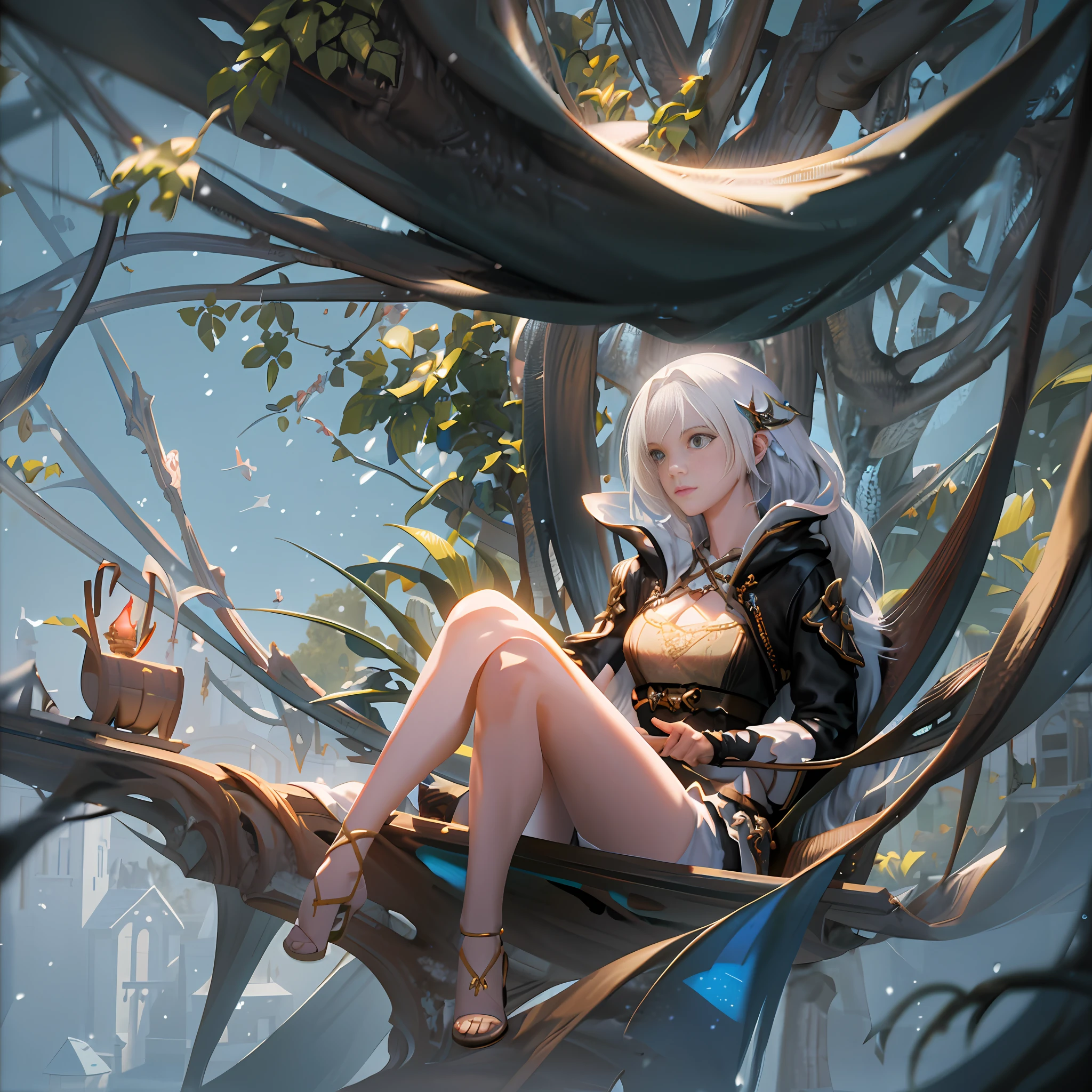 There is a woman sitting in a hammock in the garden, CGsociety, CGsociety competition winner!, fantasy style 8K octane rendering, CG society competition winner!, stunning CGsociety, CGsociety competition winner, CGsociety 8K, CGsociety 8K, Deviantart ArtStation CGScosiety, 🌺 (Octane Render) fantasy style, complete facial features, snow-white long legs,