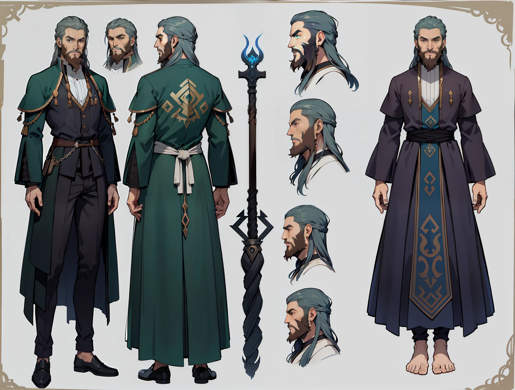 1man, reference sheet, (character design, front, back, side) average height, green eyes. brown neatly combed hair, long beard. long, flowing robe made of dark blue silk, adorned with intricate silver runes. Carrying staff carved from ancient oak, etched with arcane symbols.