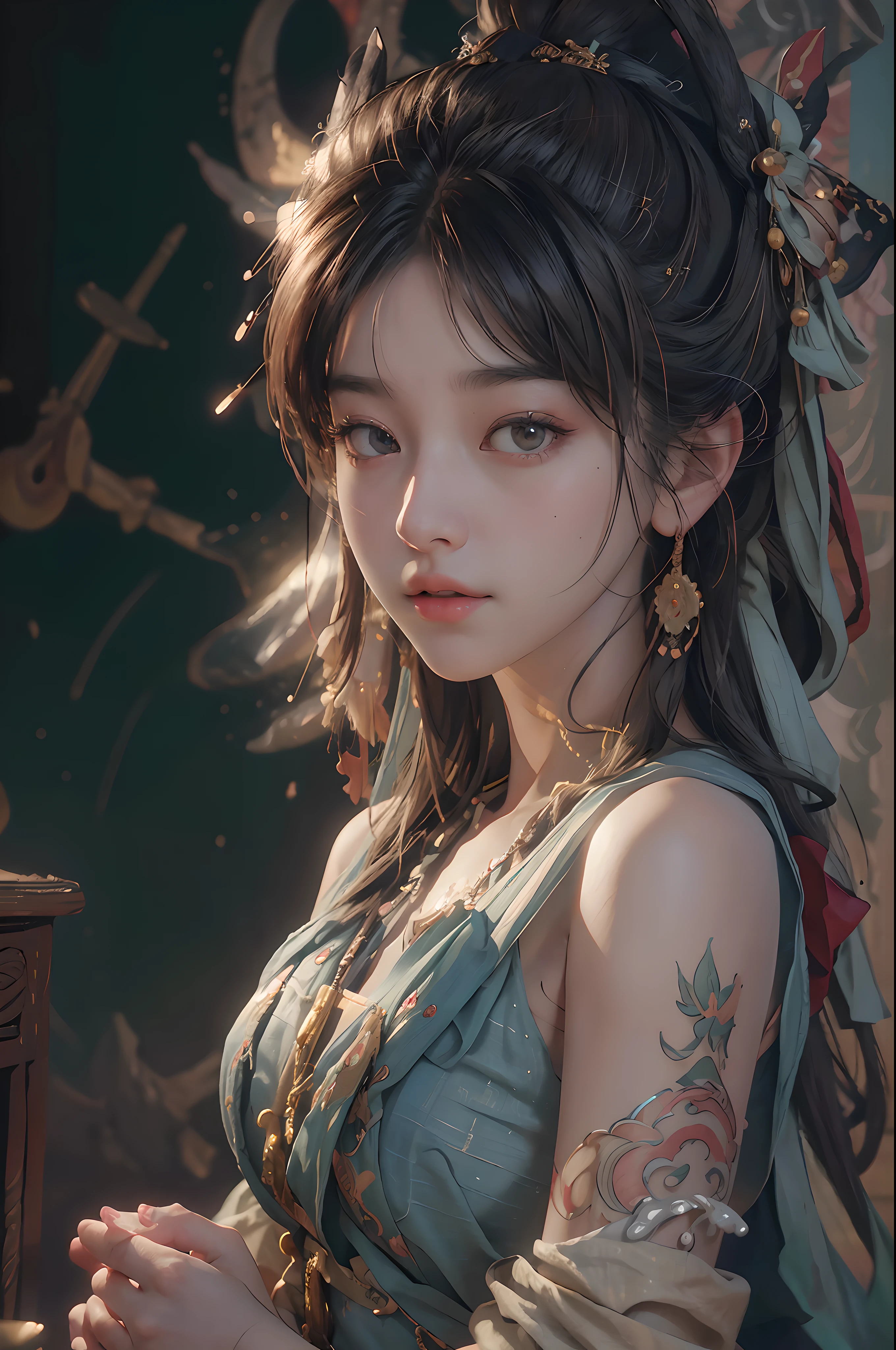 (RAW photo, best quality), (realistic, photo-realistic:1.3),best quality,highly detailed,masterpiece,ultra-detailed,illustration,1girl,upper_body,dynamic angle,world masterpiece theater,messy_long_hair,best quality,extremely detailed CG unity 8k wallpaper,ink,Amazing,cinematic lighting,lens_flare, dunhuang_style