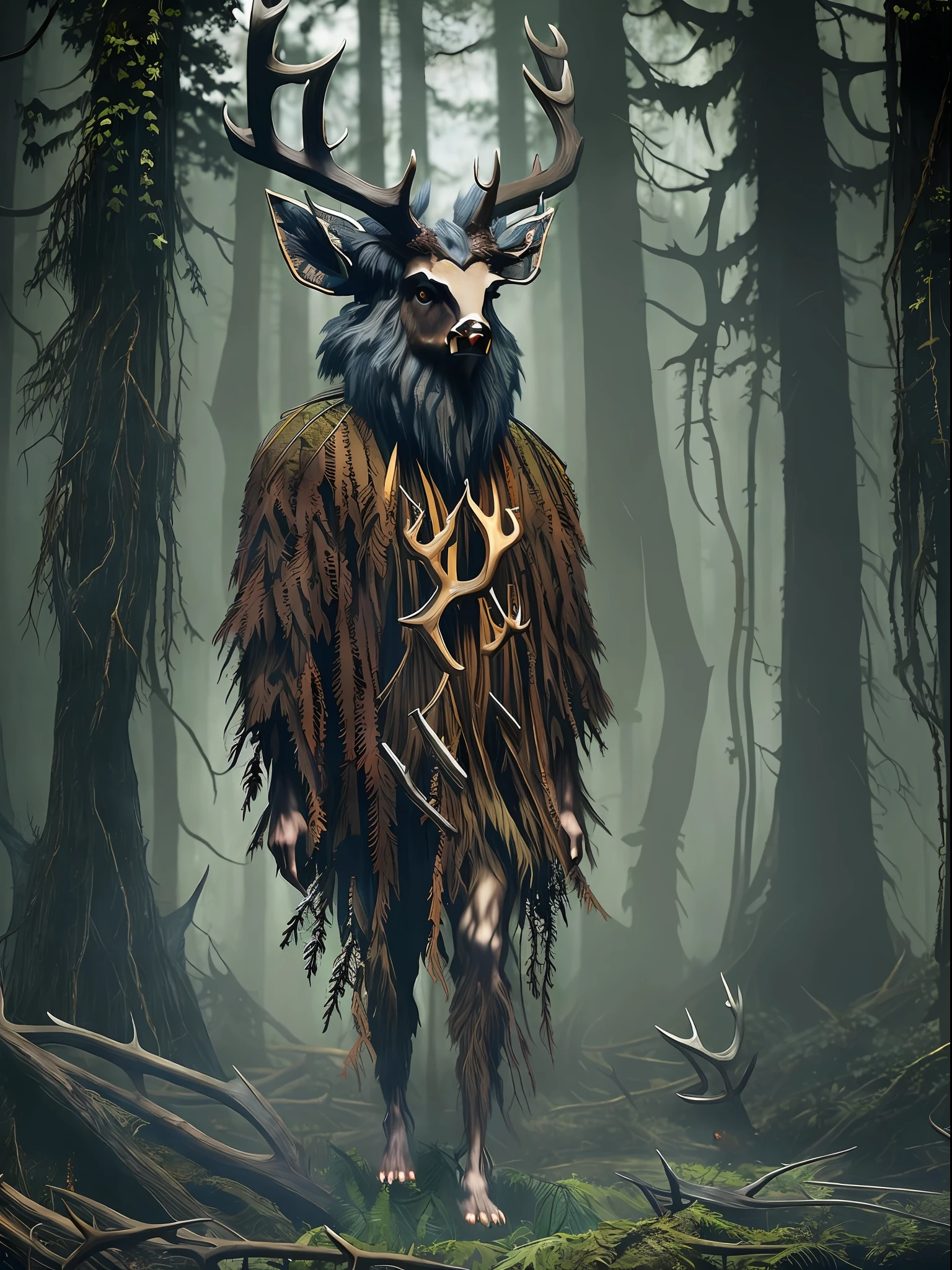 (((Masterpiece))), best quality, ultra-detailed, ((leshy:1.5)), an eerie and creepy ((horror)) scene, set in a (dark forest) of tall trees that are mostly grayscale, with (shadowy figure) depicted as a bipedal and (realistic) ((monster)) or a malevolent ((deity)) with (antlers) and a (deer head:1.4).