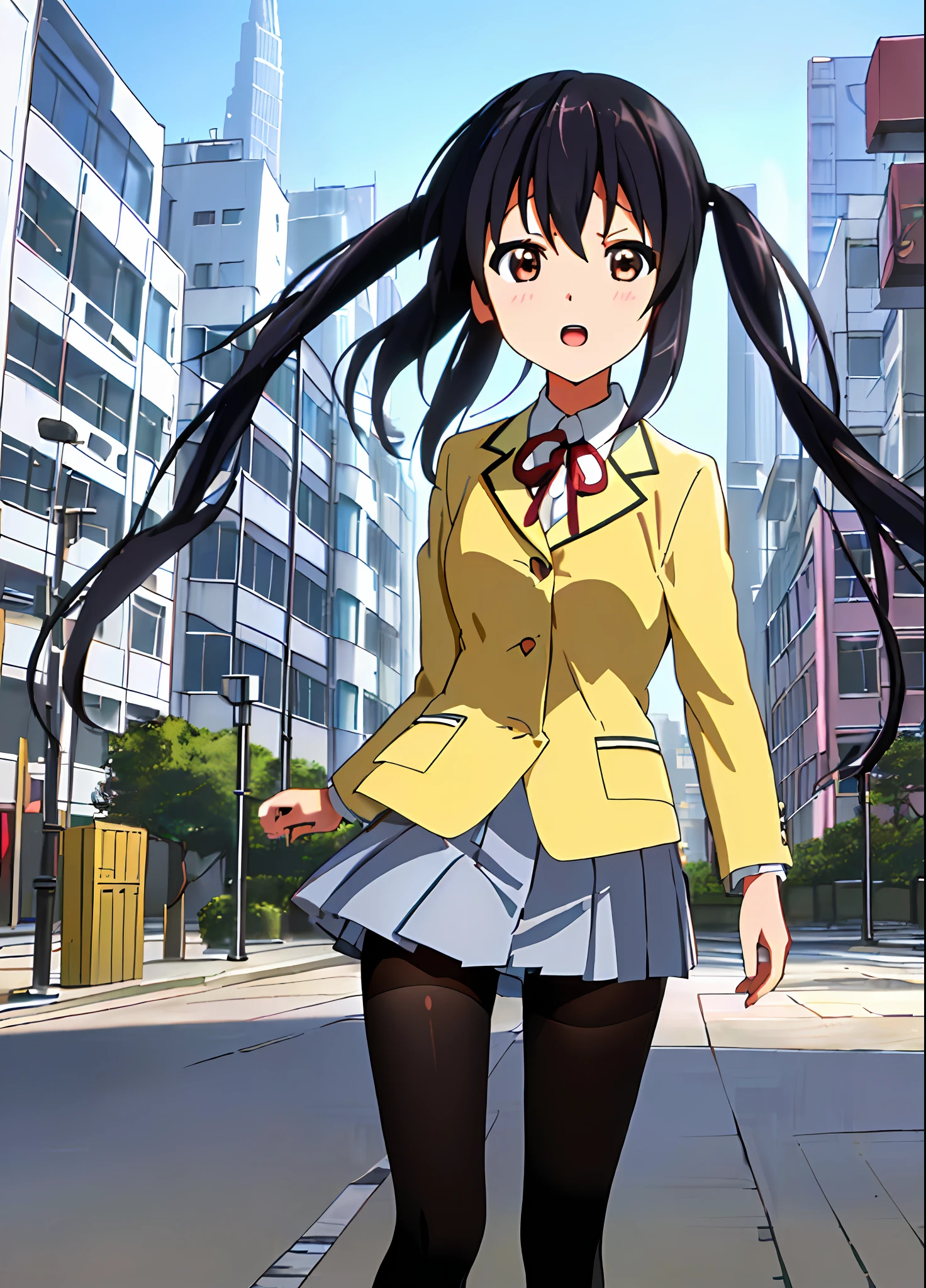 1girl, ((((Masterpiece))), Best Quality, Best Quality, High Detail, Azusa Nakano, 1girl, Sakuragaoka High School Uniform, Musical Instrument, School Uniform, Twin Tails, Long Hair, Black Hair, Brown Eyes, Solo, Red, Dark blue blazer with a thin ribbon of red, Solid white button shirt under blazer, Illustration, Cartoon, Soothing tones, Muted colors, Soft cinematic light, Adobe Lightroom, Photo Lab, HDR, complex and highly detailed, (((depth of field))))). (((Masterpiece))). (((highest quality))).) ((super detail))). (((Illustration))). (((Outside))). (((fighting stance))).,((((Giantization))).dynamic focus.small breasts. (((skyscrapers))). (((Cityscape))). (((Face of sadness))). open mouth.