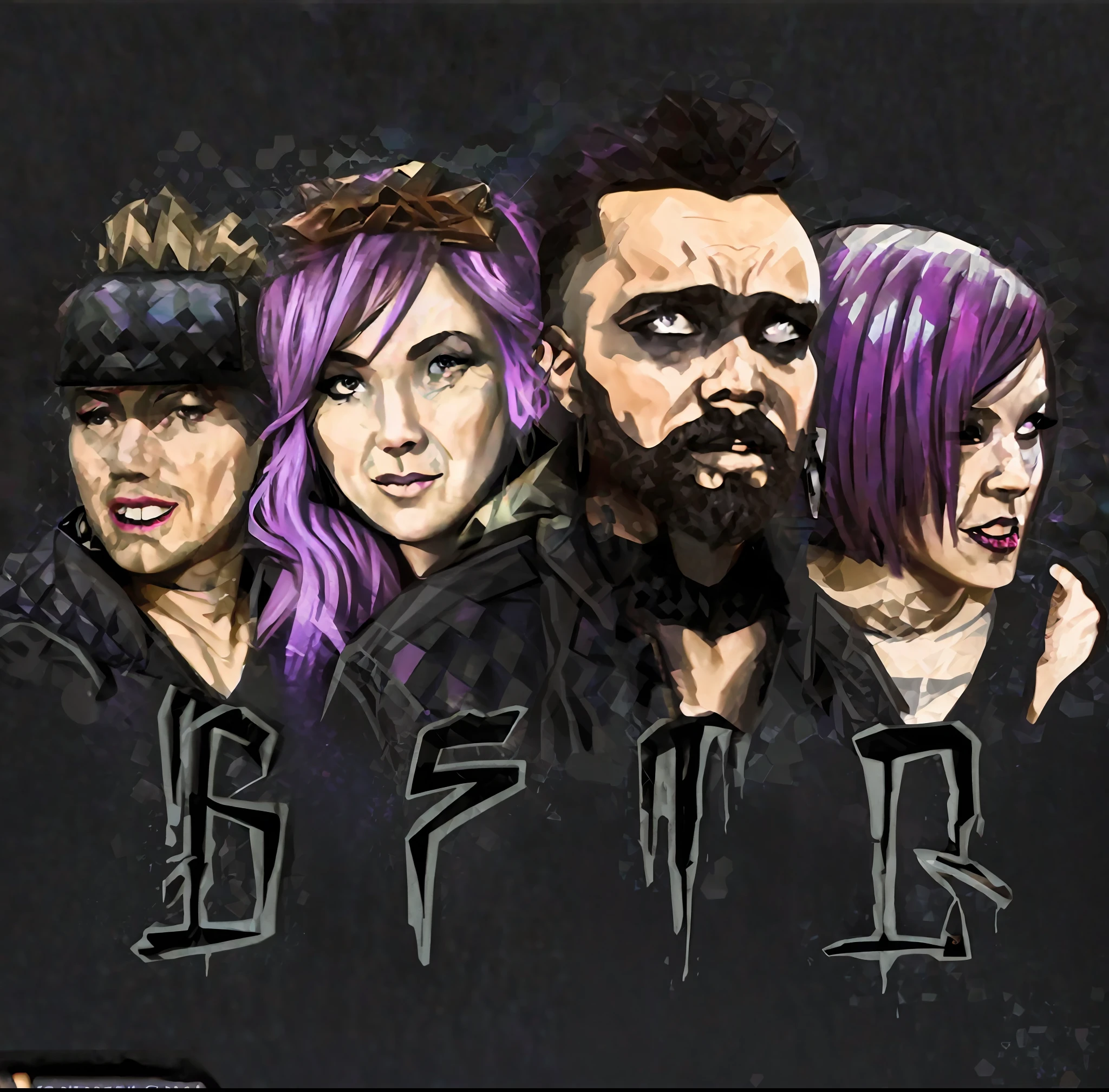a close up of a group of people with purple hair, official fanart, official fan art, fanart, band promo photo, band, b3d, promotional artwork, band promo, official illustration, badass composition, sticker of a rock band, black and reddis, official artwork, official fanart behance hd, official artwork hdr, pop punk art style, profile pic