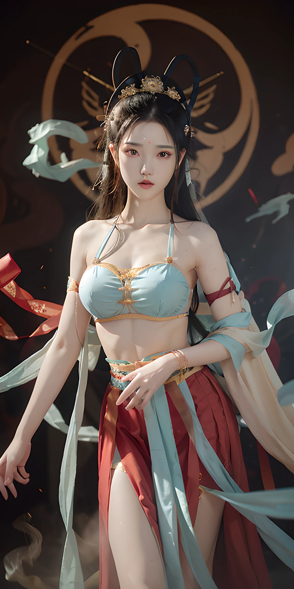 1girl, Dunhuang flying costume, messy long hair, zydG, Dunhuang style, lots of smoke, superb, elegant colors, red ribbon, long skirt, high split end, exposed thighs, realistic, high detail, masterpiece, super detailed, dynamic angle, mural background, ink, amazing, movie lighting, illustration, chiaroscuro, backlight, god light, best quality, best quality, anatomically correct, surrealism, drop shadow, anaglyph, stereogram, tachi-e, pov, atmospheric perspective, 8k, super detail, ccurate, best quality, anatomically correct, high details, best quality, high quality, highres