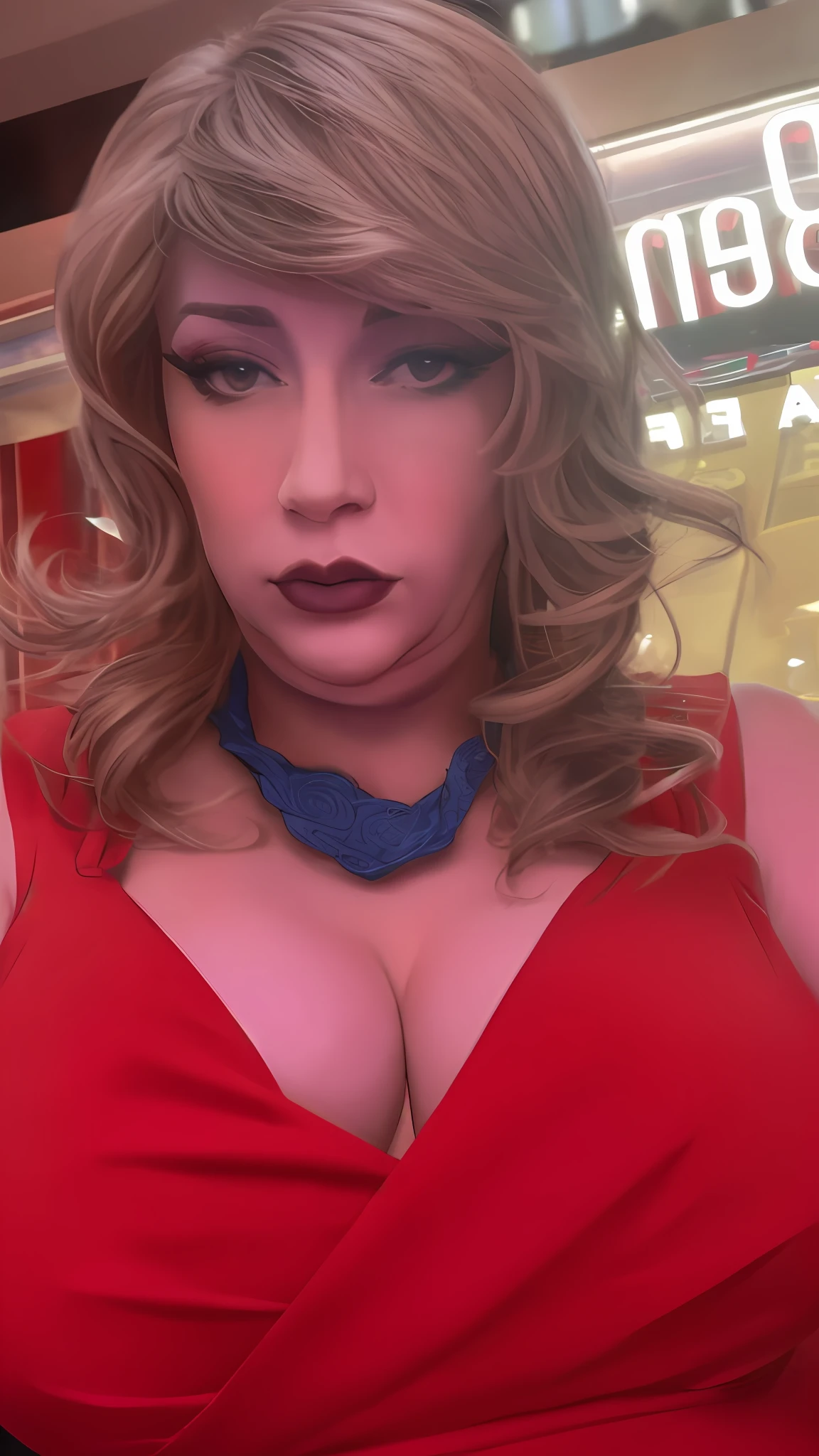 Beautiful transgender woman with huge breasts wearing a red dress in a casino