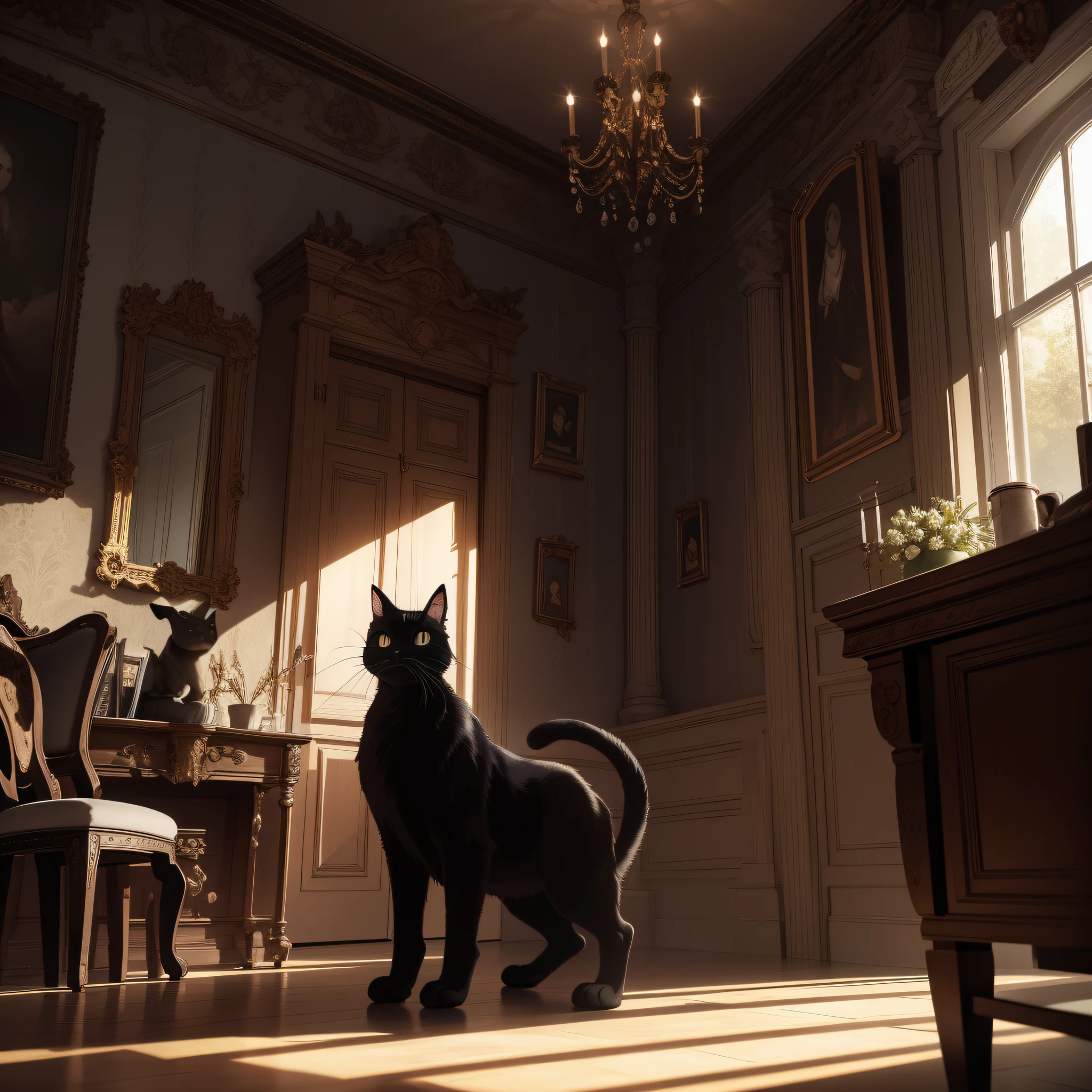 Absurd resolution, high resolution, (masterpiece: 1.4), hyper-detailed, spooky room, a black cat in the living room, very weird look