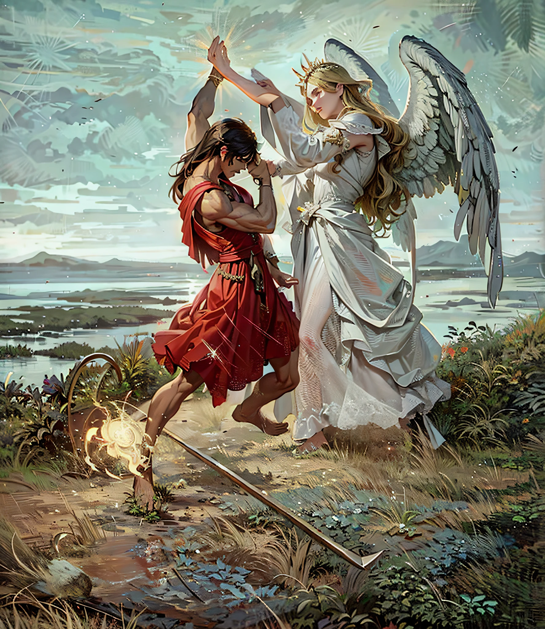 painting of a man and woman fighting with an angel, pino daeni and dan mumford, by Anton Fadeev, rob rey, peter mohrbacher donato giancola, peter mohrbacher'', edgar maxence and ross tran, alexey egorov, peter mohrbacher and dan mumford, peter mohrbacher c 2 0