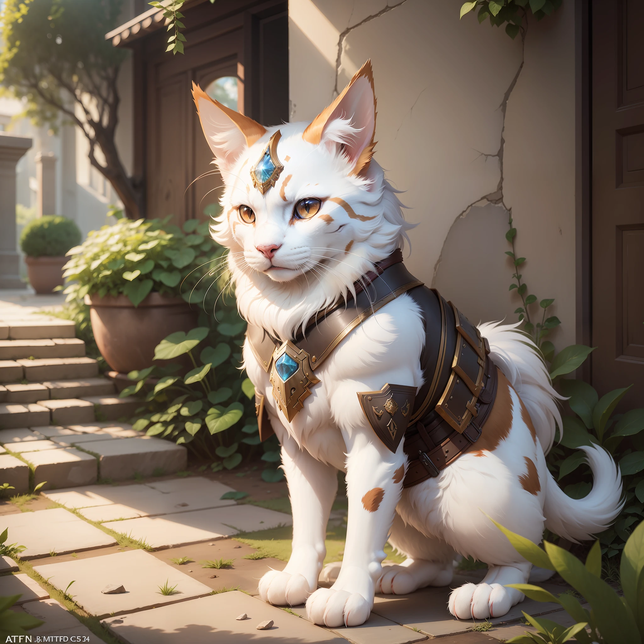 Cute armored Turkish Van cat, in the style of Baten Kaitos, beautiful 3ds max render, volumetric lighting, global illumination, raytracing, detailed hyperrealism, manga --ar 2:3 --q 2 50 --v 5 --s 2