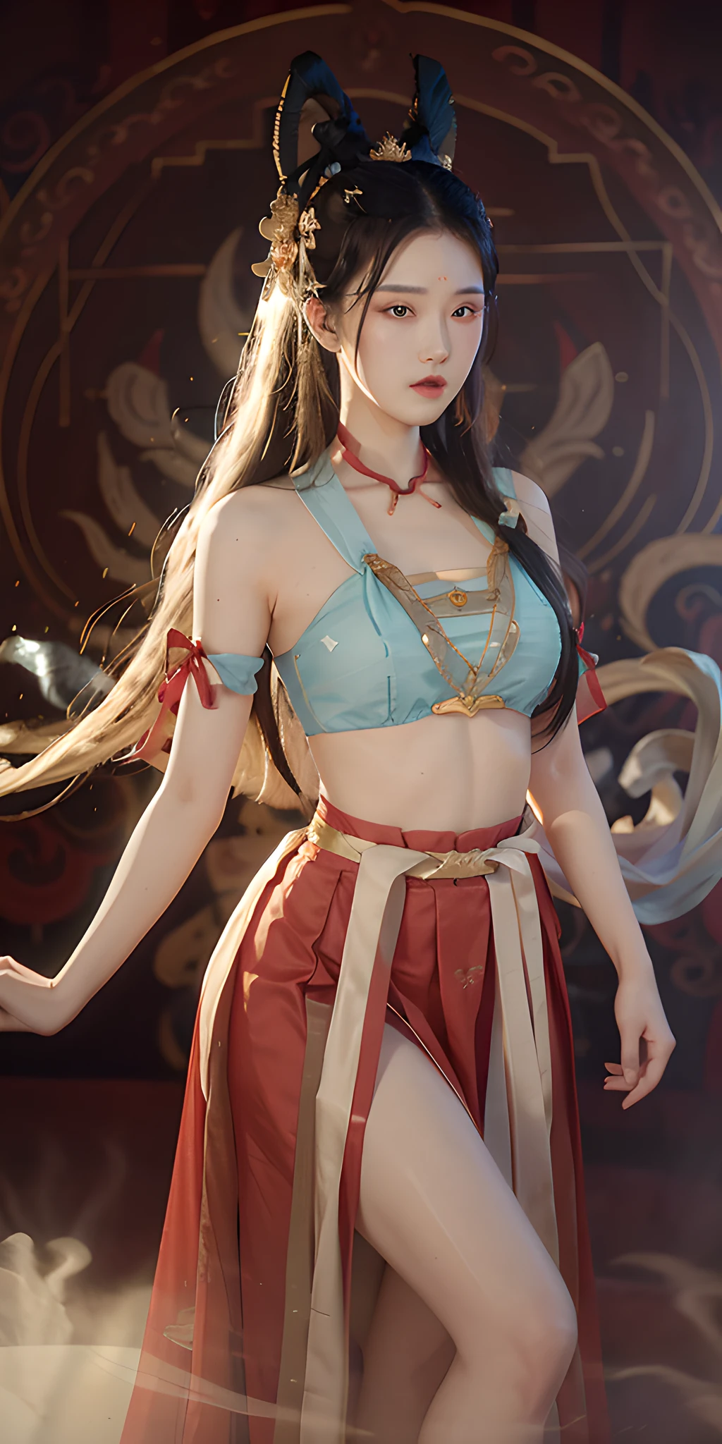1girl, Dunhuang flying costume, messy long hair, zydG, Dunhuang style, lots of smoke, superb, elegant colors, red ribbon, long skirt, high split end, exposed thighs, realistic, high detail, masterpiece, super detailed, dynamic angle, mural background, ink, amazing, movie lighting, illustration, chiaroscuro, backlight, god light, best quality, best quality, anatomically correct, surrealism, drop shadow, anaglyph, stereogram, tachi-e, pov, atmospheric perspective, 8k, super detail, ccurate, best quality, anatomically correct, high details, best quality, high quality, highres