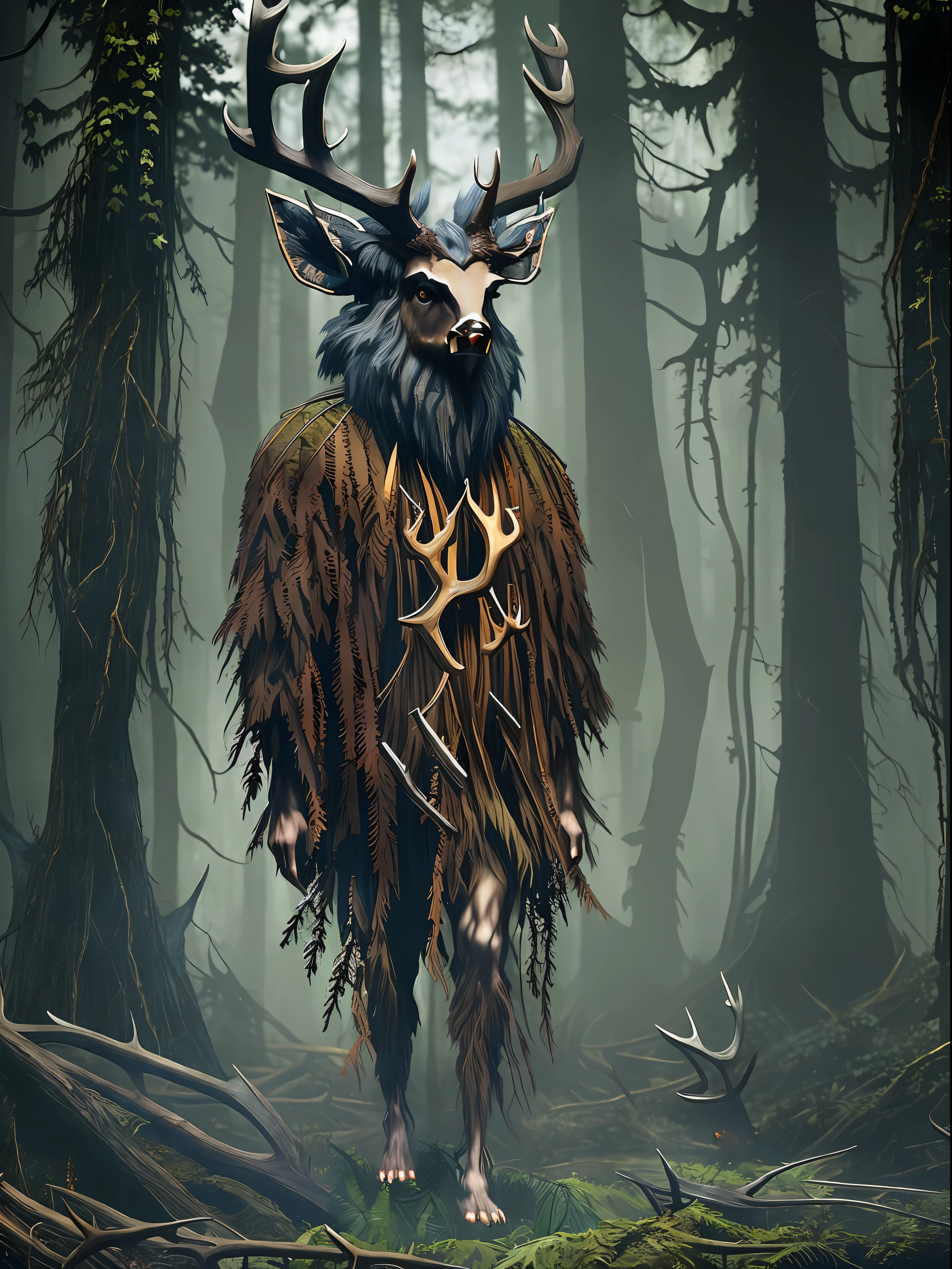 (((Masterpiece))), best quality, ultra-detailed, ((leshy:1.5)), an eerie and creepy ((horror)) scene, set in a (dark forest) of tall trees that are mostly grayscale, with (shadowy figure) depicted as a bipedal and (realistic) ((monster)) or a malevolent ((deity)) with (antlers) and a (deer head:1.4).