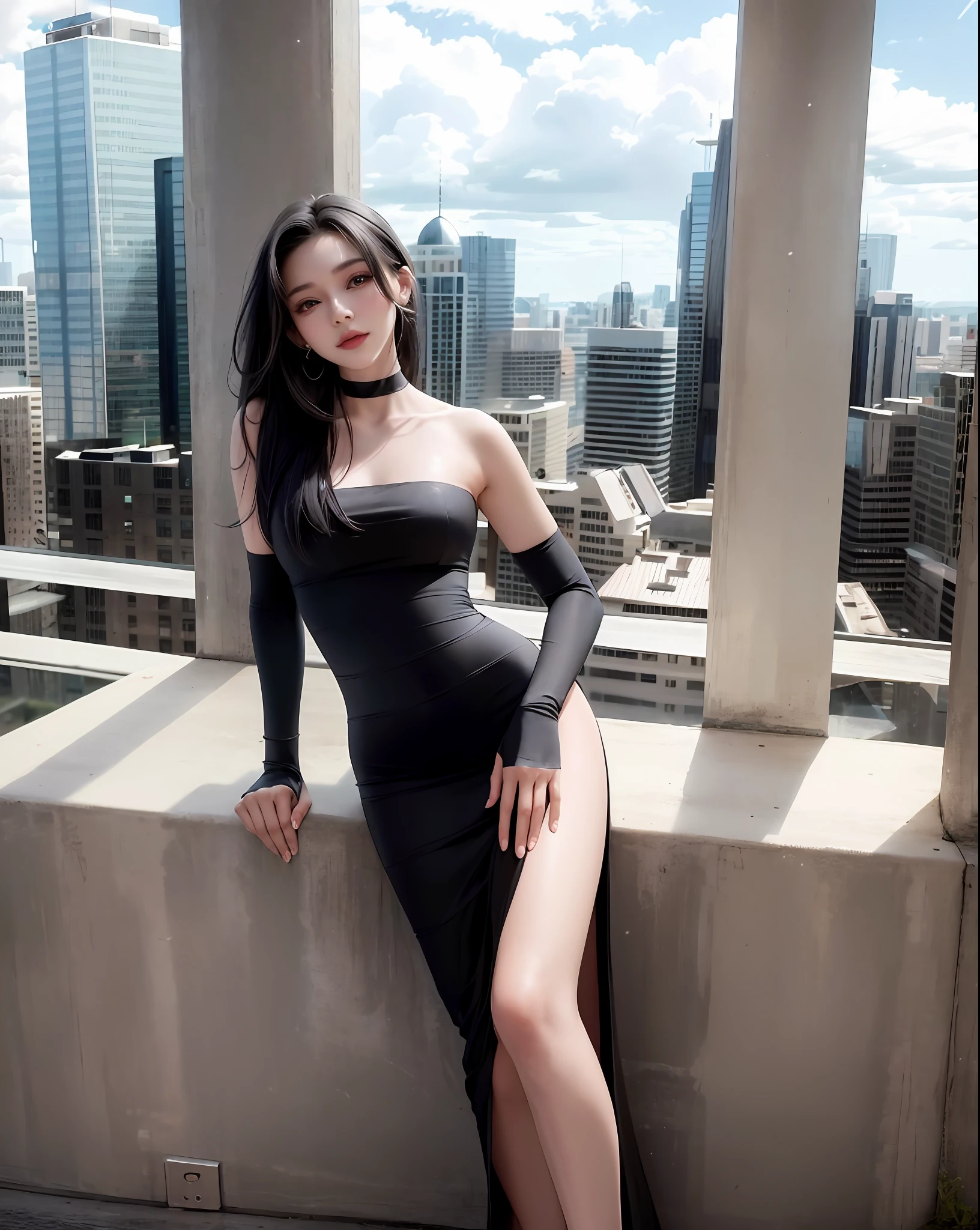 araffe woman in a black dress posing on a ledge in a building, tube-top dress, cindy avelino, wearing a long dress, long dress, she is wearing a black dress, wearing long gown, wearing a tight black dress, wearing black dress, by Robbie Trevino, full body length, 2 9 years old, 2 7 years old ,korean face