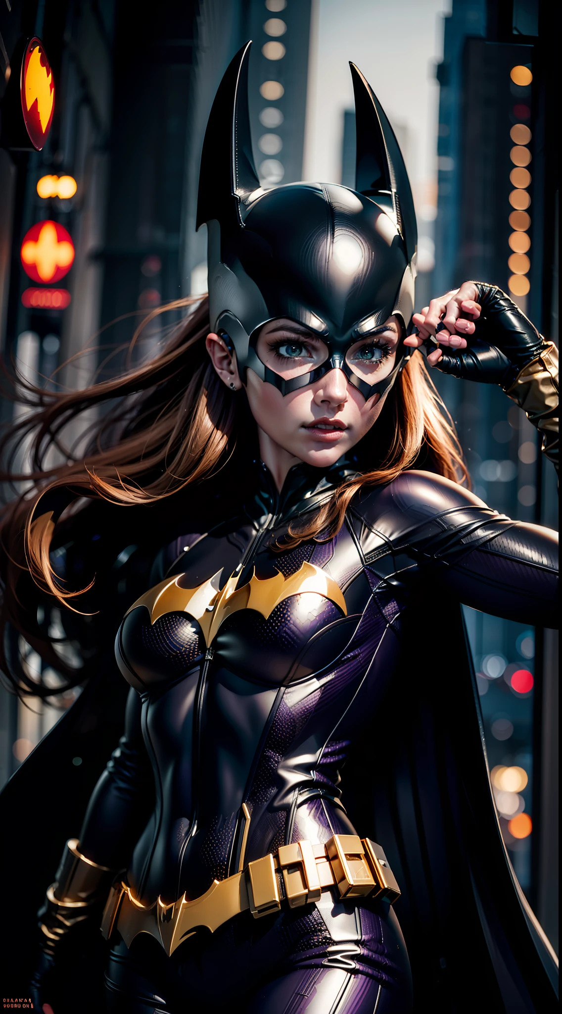 barbara gordon, purple color clothing, beauty, Batgirl clothes, Batgirl cosplay, wind effect, full body photo, prominent figure, standing on the edge of a skyscraper, night, photo (Masterpiece) (Best quality) (Detail) (8K) (HD) (Wallpaper) (Cinematic lighting) (Sharp focus) (Intricate), sexy, rain, wet, rays, best quality, ultra high resolution, photorealistic, full body portrait,  incredibly beautiful, dynamic poses, detailed skin texture, highly detailed skin, detailed face,