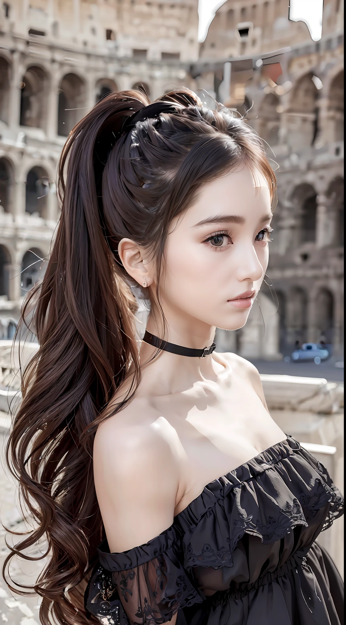 (8K, Best Quality, Masterpiece: 1, 2), (Realistic, Photo Realistic: 1, 37), Top Quality, Masterpiece, Skinny 1girl Negona upper body photo wavy ponytail hair, conservative dress, bandeau dress, in the Colosseum, wide angle closeup