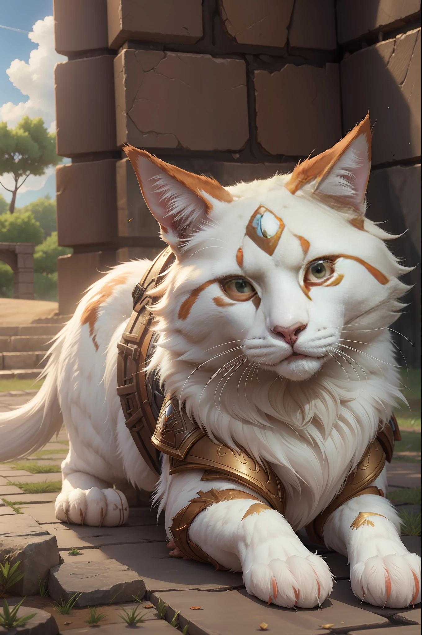 Cute armored Turkish Van cat, in the style of Baten Kaitos, beautiful 3ds max render, volumetric lighting, global illumination, raytracing, detailed hyperrealism, manga --ar 2:3 --q 2 50 --v 5 --s 2