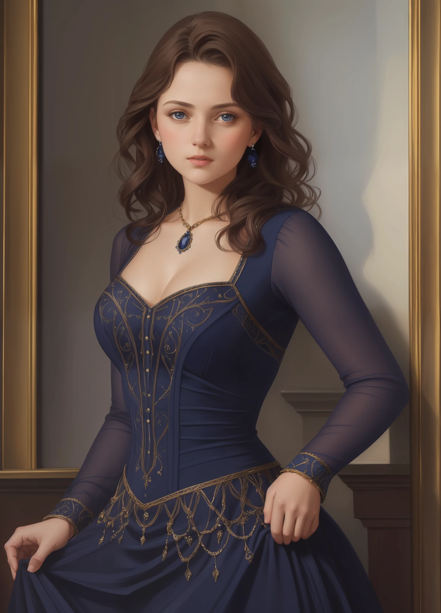 1girl, beautiful teenage girl, small breasts, revealing ornate navy blue dress, short wavy brown hair, portrait, oil painting, modern, realistic proportions, intricate, intricate details, sharp focus