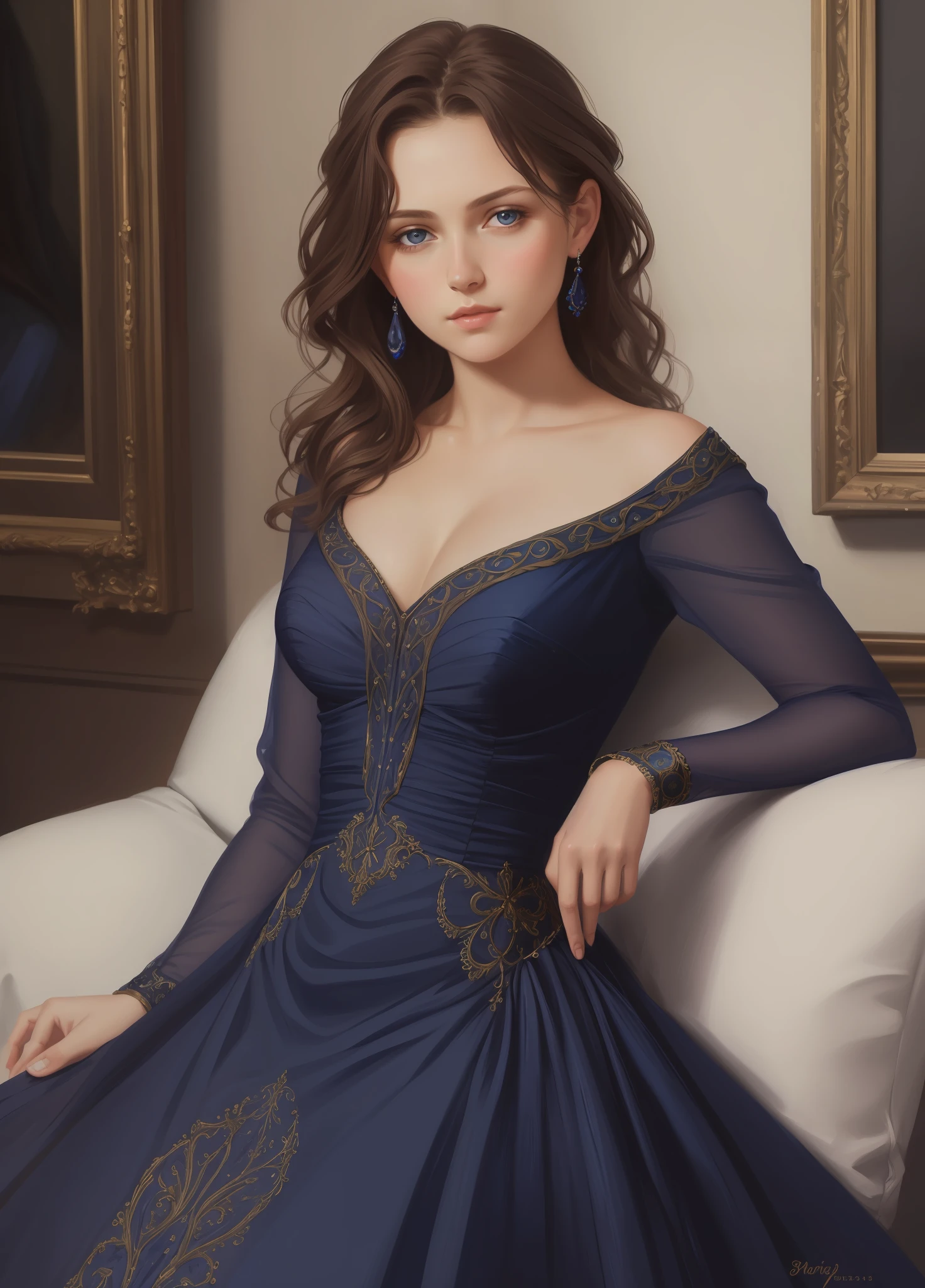 1girl, beautiful teenage girl, small breasts, revealing ornate navy blue dress, short wavy brown hair, portrait, oil painting, modern, realistic proportions, intricate, intricate details, sharp focus