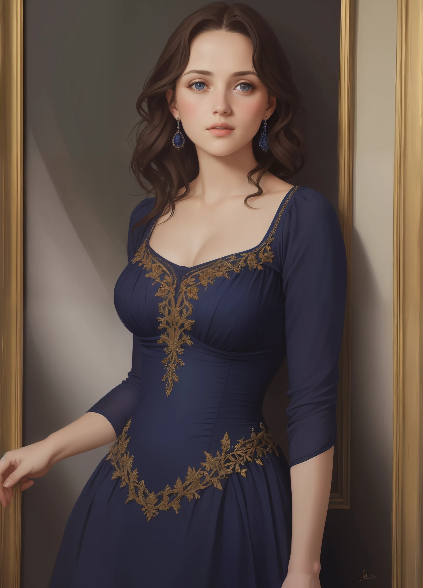 1girl, beautiful teenage girl, small breasts, revealing ornate navy blue dress, short wavy brown hair, portrait, oil painting, modern, realistic proportions, intricate, intricate details, sharp focus