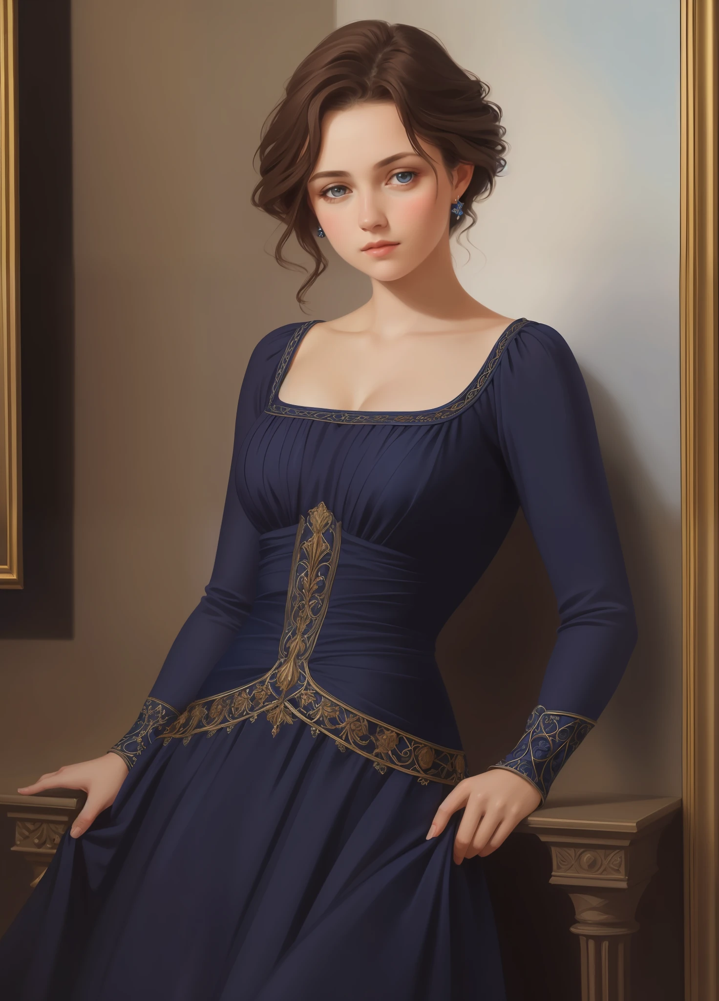 1girl, beautiful teenage girl, small breasts, revealing ornate navy blue dress, short wavy brown hair, portrait, oil painting, modern, realistic proportions, intricate, intricate details, sharp focus