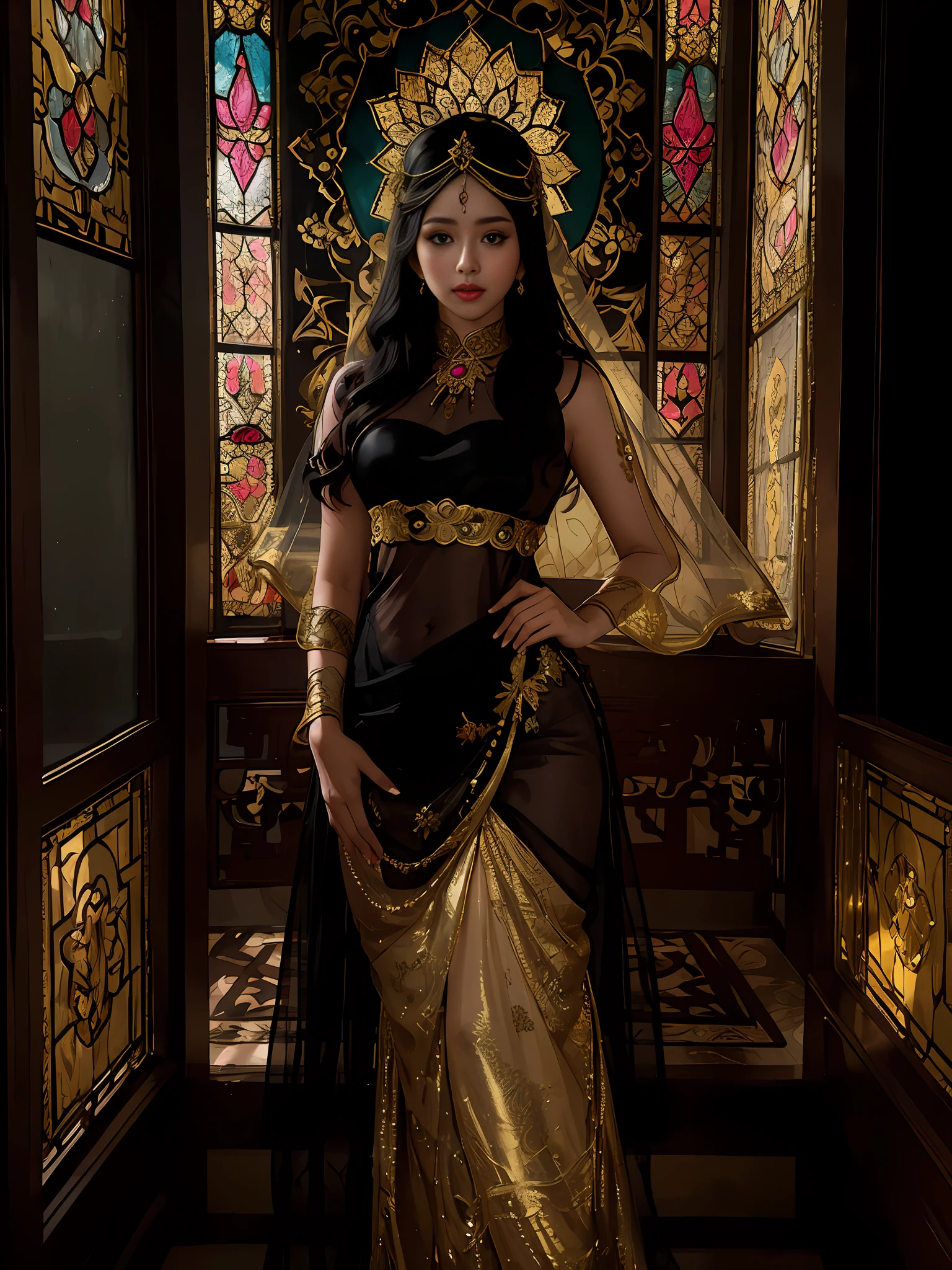 ((Masterpiece)), Exotic potrait of beautiful mira filzah, half body, editorial pose, malay women, malay traditional headpiece, sheer black n gold coloured kebaya, highly decorated covered sheer dress, bright light, dramatic lighting, no cleavage, mira filzah, dreamy retro photograph, in highly decorated ancient malay palace, light leak, songket, malay, stained glass window light