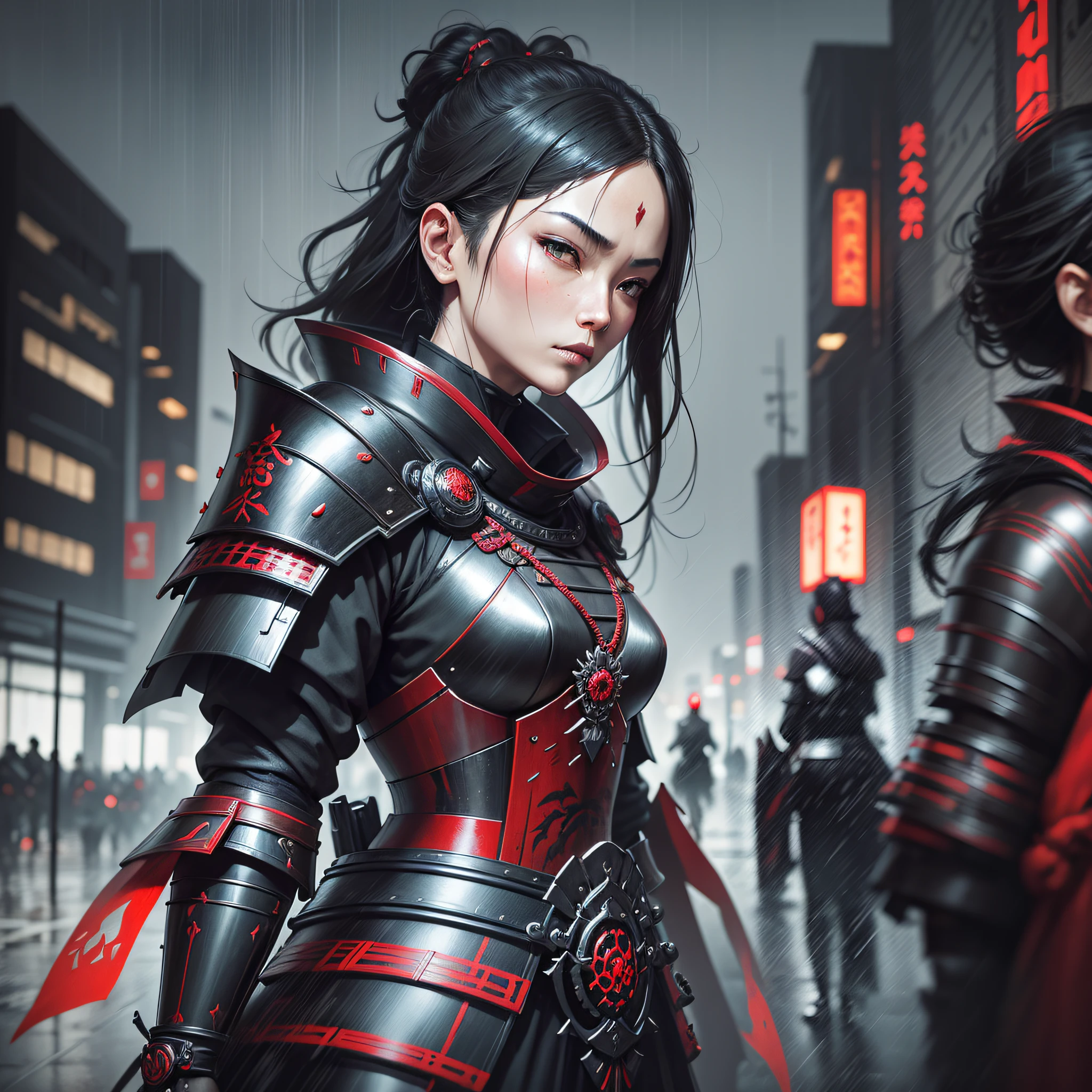 12th century samurai women in the style of Greg Rutkowski, Guwiz and Yoji Shinkawa, intricate black and red samurai armor, cinematic lighting, dark rainy city, depth of field, lumen reflections, photography, stunning environments, surrealism, extremely detailed, midway art style --auto --s2