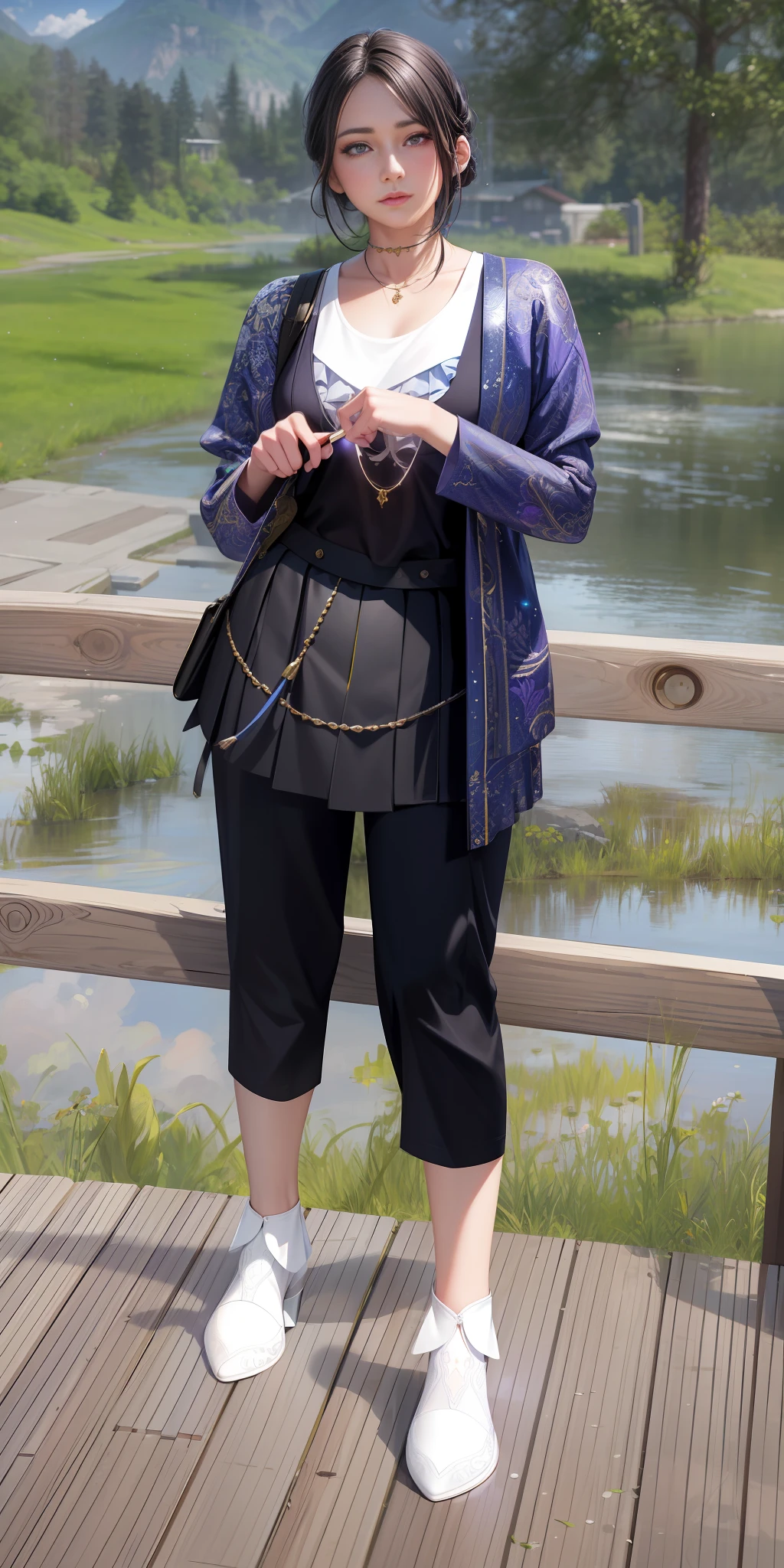 (Masterpiece), (High Quality), Best Quality, Real, (Realistic), Super Detailed, (Full Detail), (4K), 8K, Realistic, ((1girl)), White Hair, Purple Eyes, Glowing Eyes, Cropped Top, Pleated Skirt, Slightly Open Lips, Blushing, Night, Flowers, Sun, Sunlight, Global Illumination